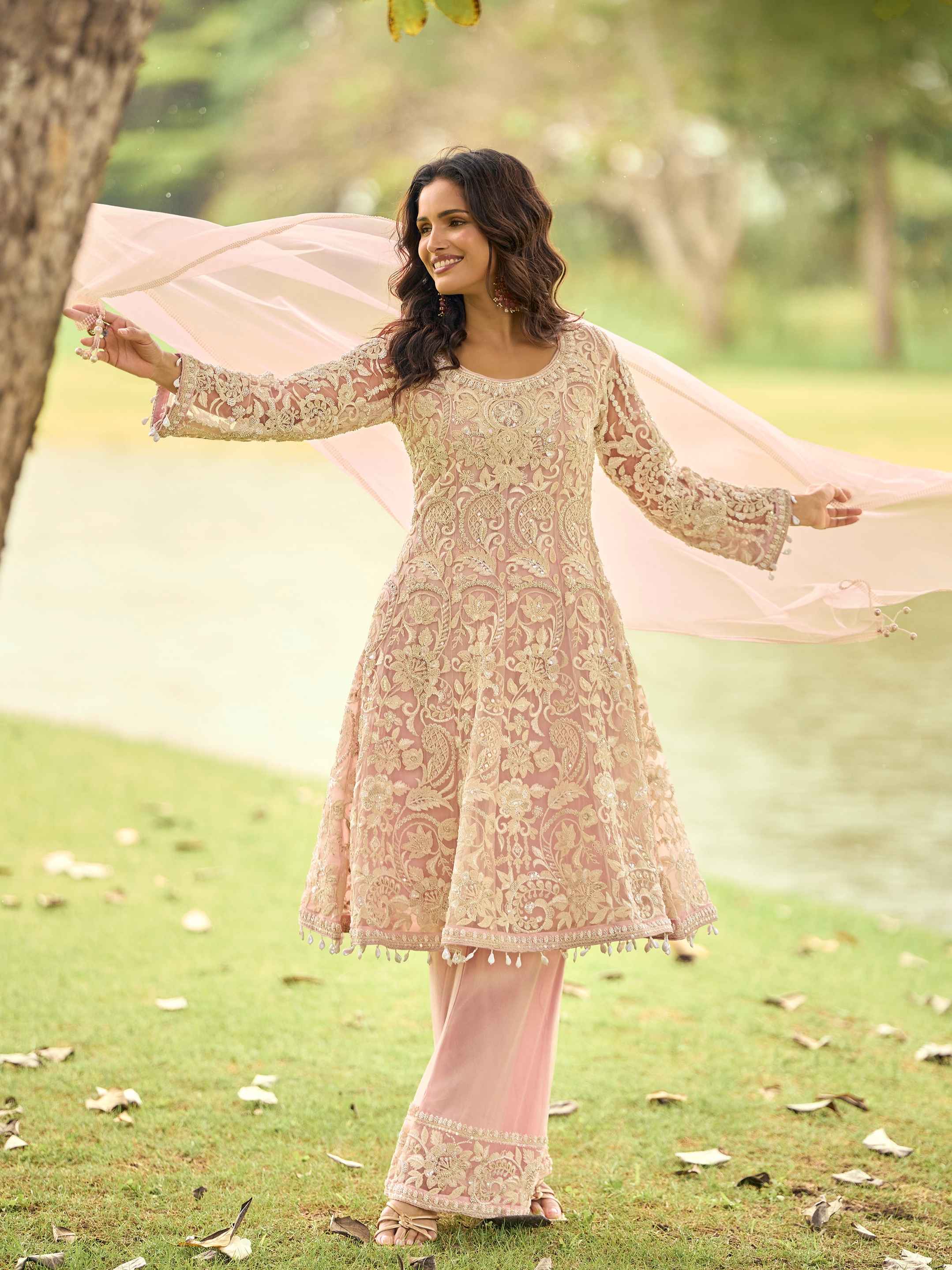 Blush Pink Net Embroidered Kurta Palazzo Set with Dupatta