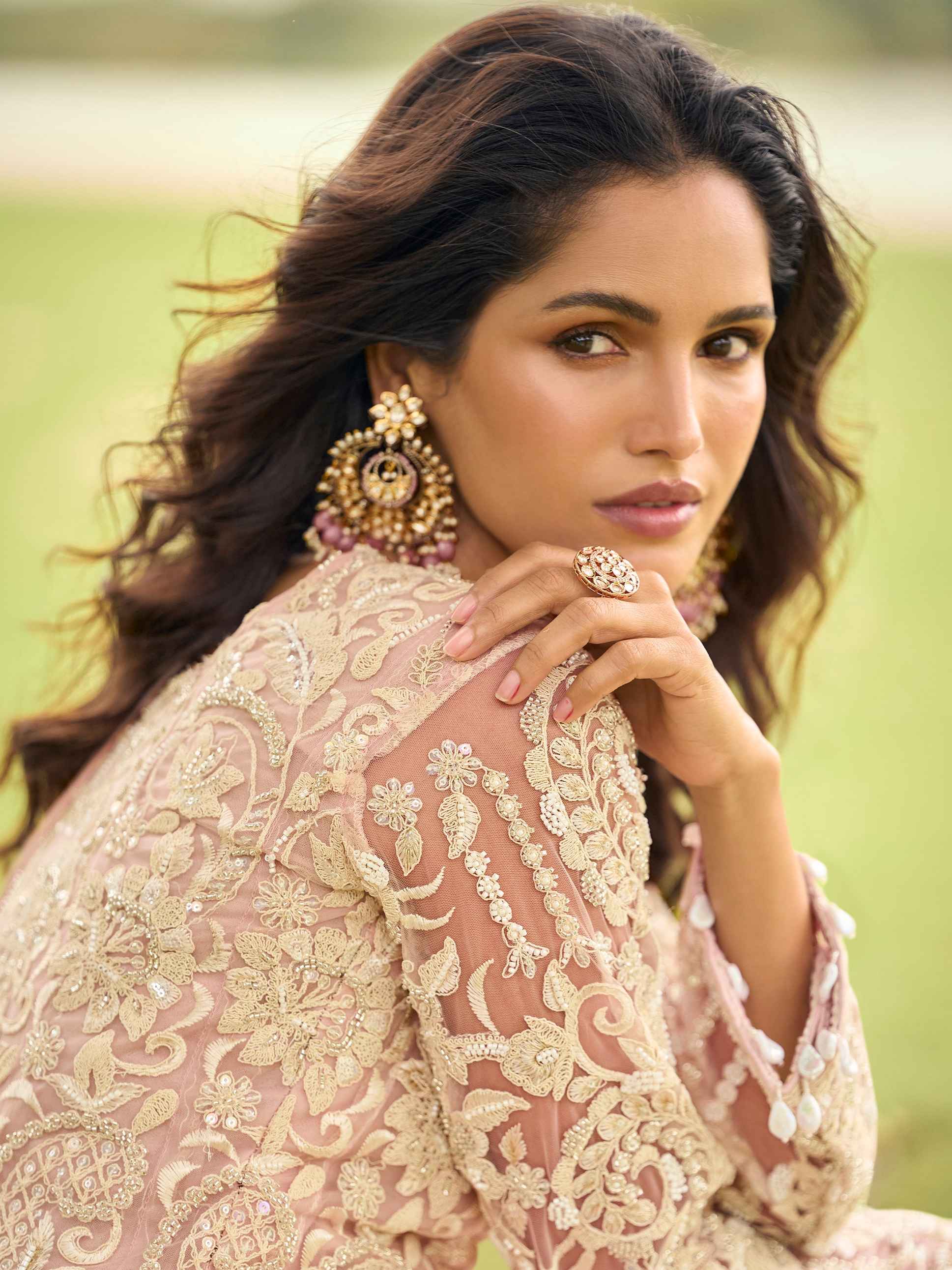 Blush Pink Net Embroidered Kurta Palazzo Set with Dupatta