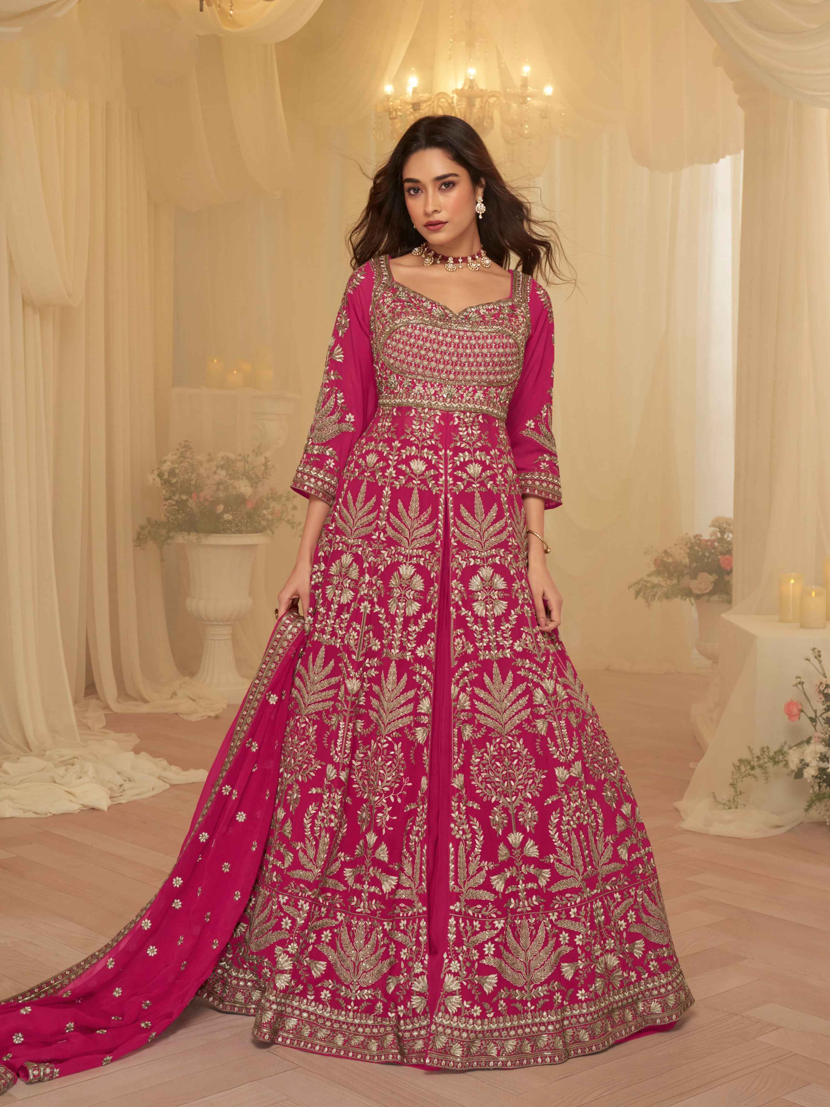 Pink Heavy Embroidered Georgette Anarkali Lehenga Set with Dupatta