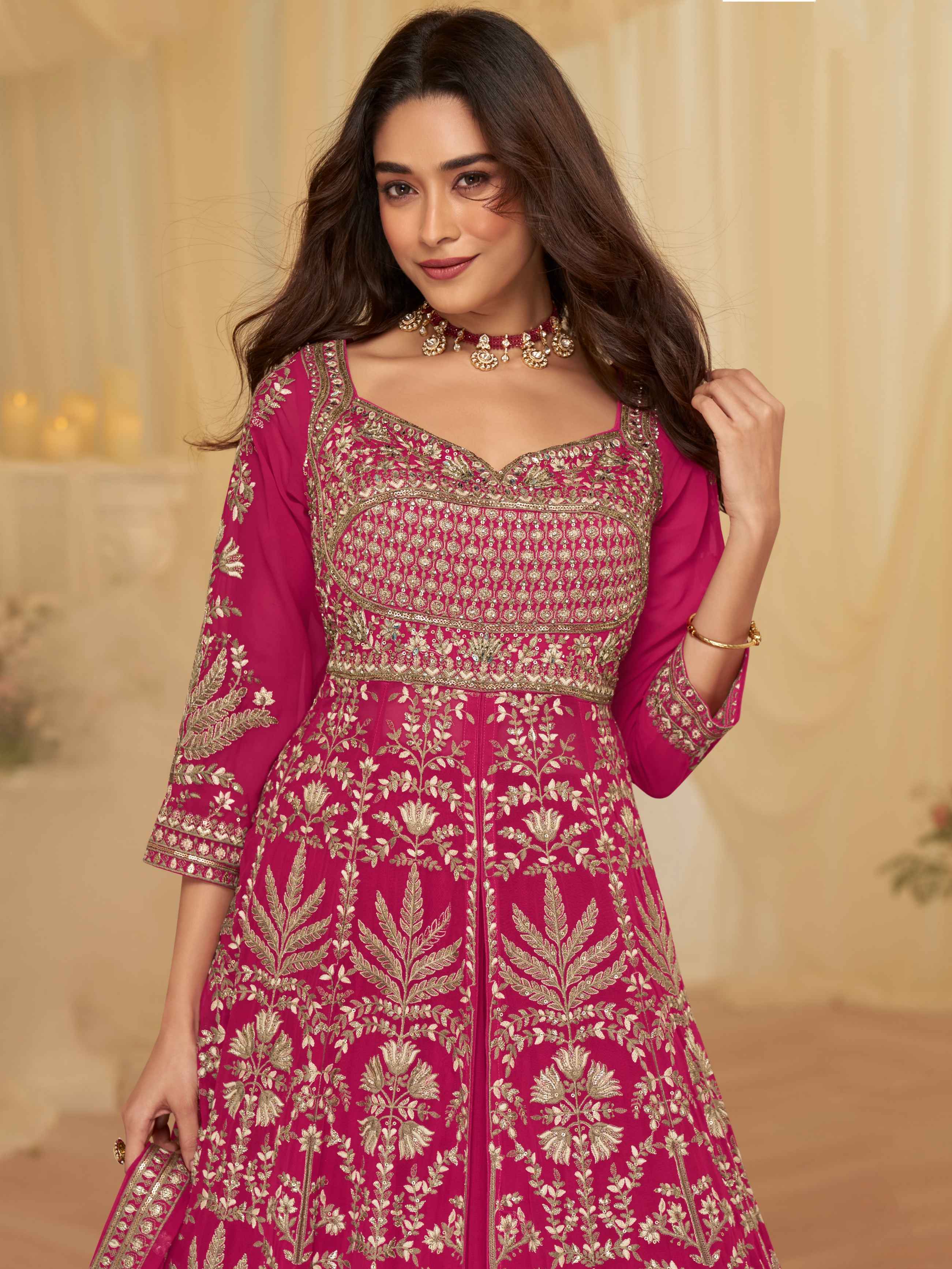 Pink Heavy Embroidered Georgette Anarkali Lehenga Set with Dupatta