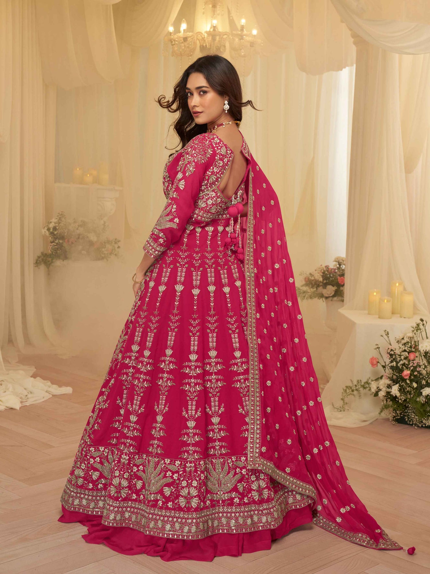 Pink Heavy Embroidered Georgette Anarkali Lehenga Set with Dupatta