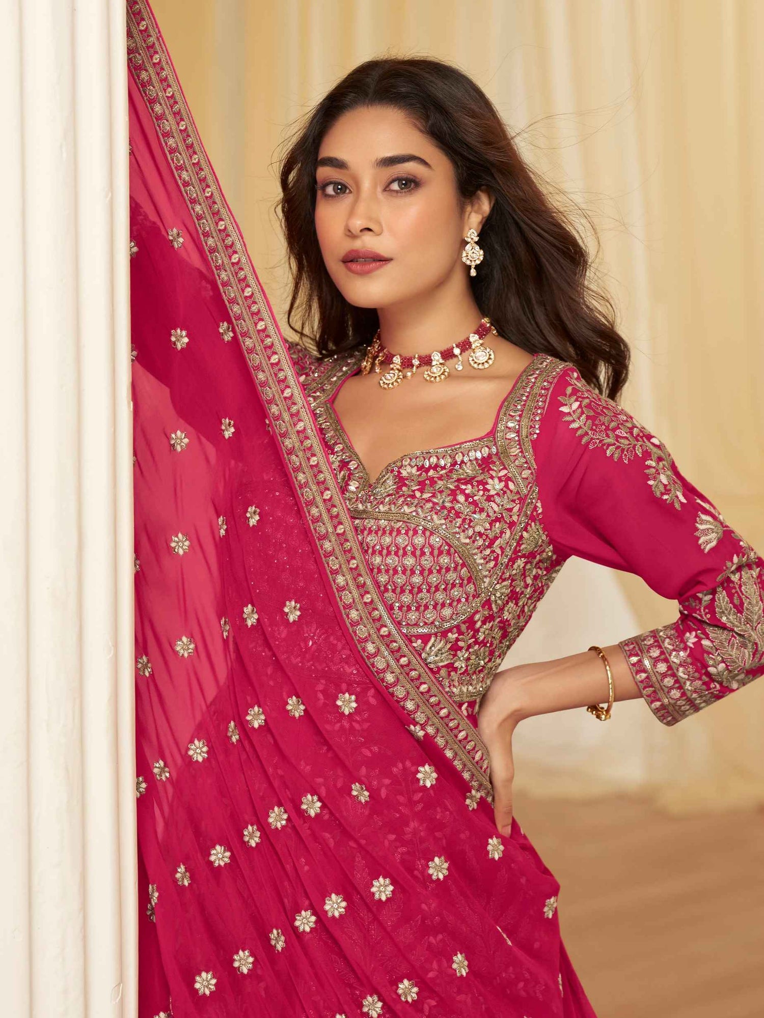 Pink Heavy Embroidered Georgette Anarkali Lehenga Set with Dupatta