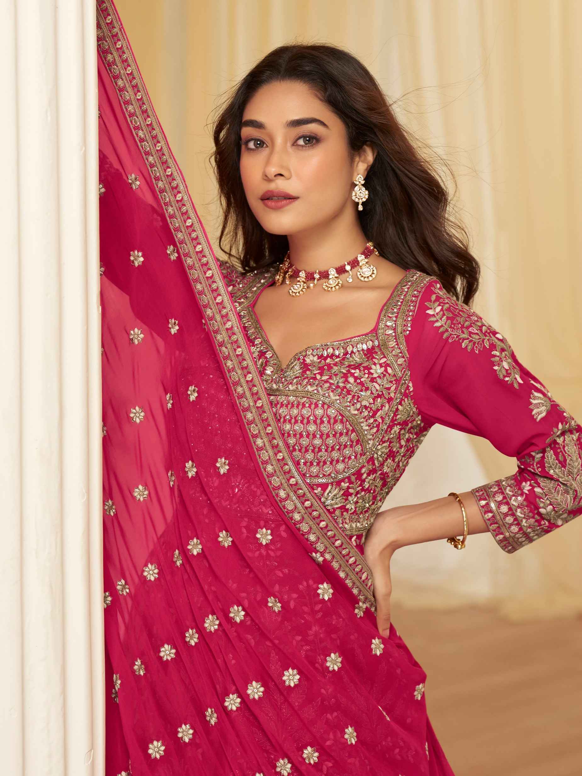 Pink Heavy Embroidered Georgette Anarkali Lehenga Set with Dupatta