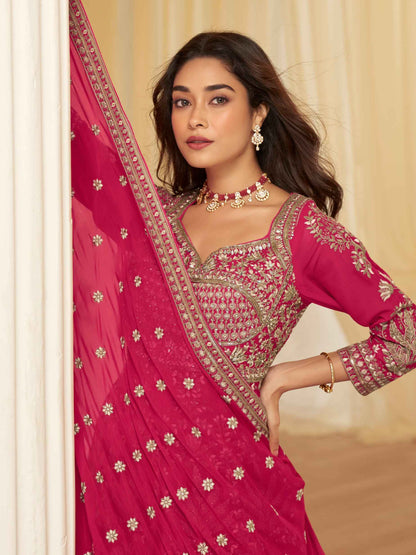Pink Heavy Embroidered Georgette Anarkali Lehenga Set with Dupatta