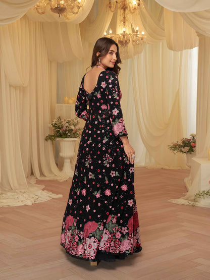 Black Floral Embroidered Georgette Front Cut Lehenga Set with Dupatta