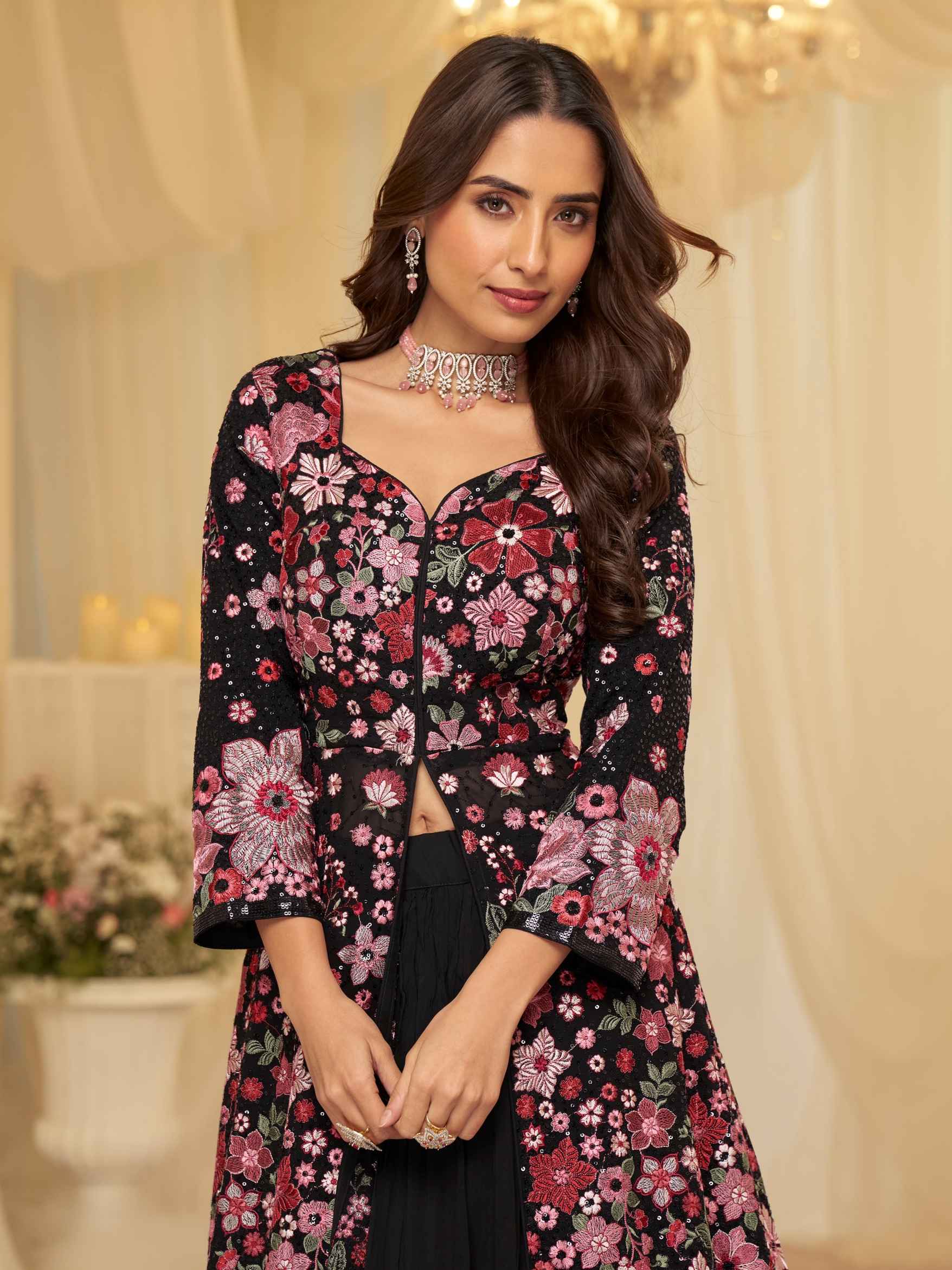 Black Floral Embroidered Georgette Front Cut Lehenga Set with Dupatta