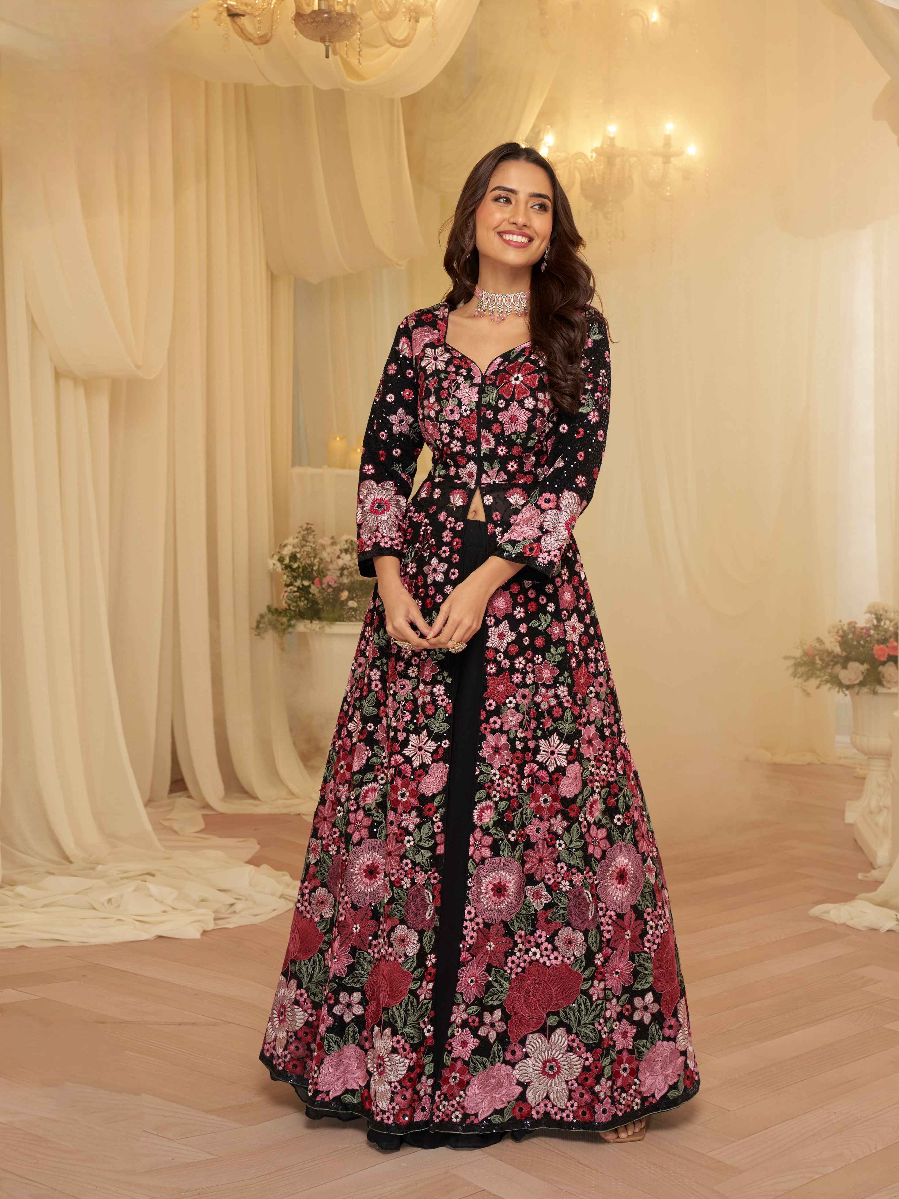 Black Floral Embroidered Georgette Front Cut Lehenga Set with Dupatta