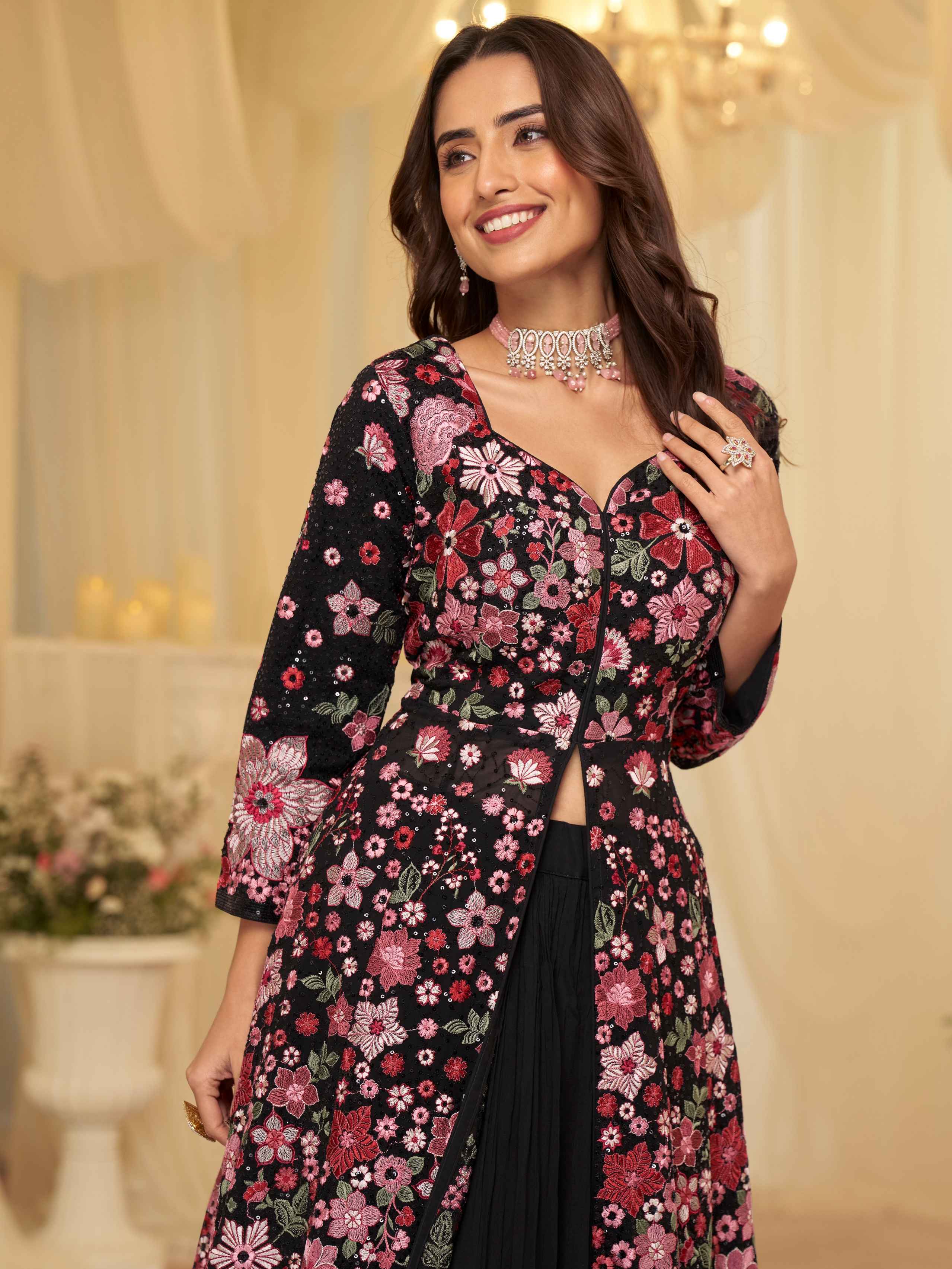 Black Floral Embroidered Georgette Front Cut Lehenga Set with Dupatta