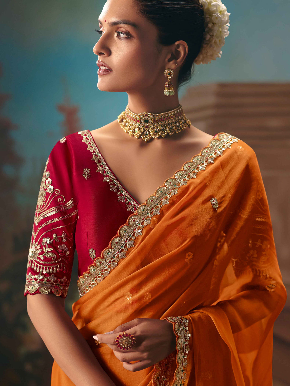 Burnt Orange Fancy Embroidered Saree with Sequins &amp; Cutwork Border
