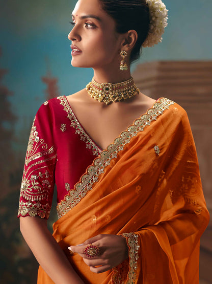 Burnt Orange Fancy Embroidered Saree with Sequins &amp; Cutwork Border