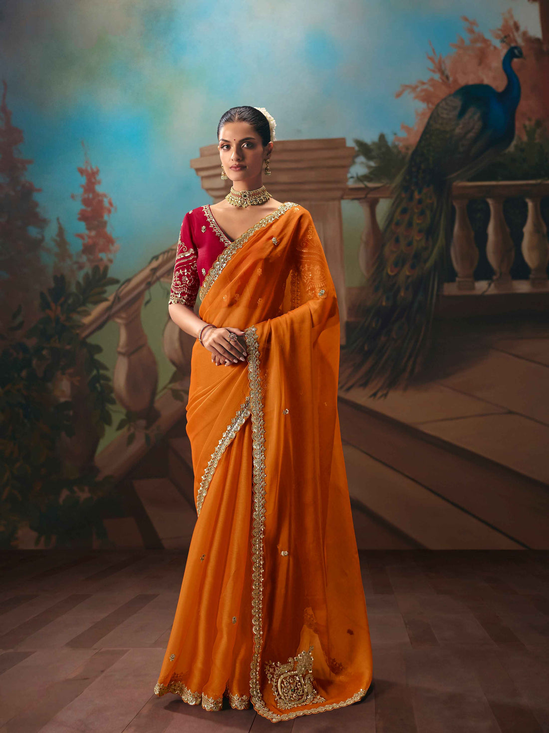 Burnt Orange Fancy Embroidered Saree with Sequins &amp; Cutwork Border