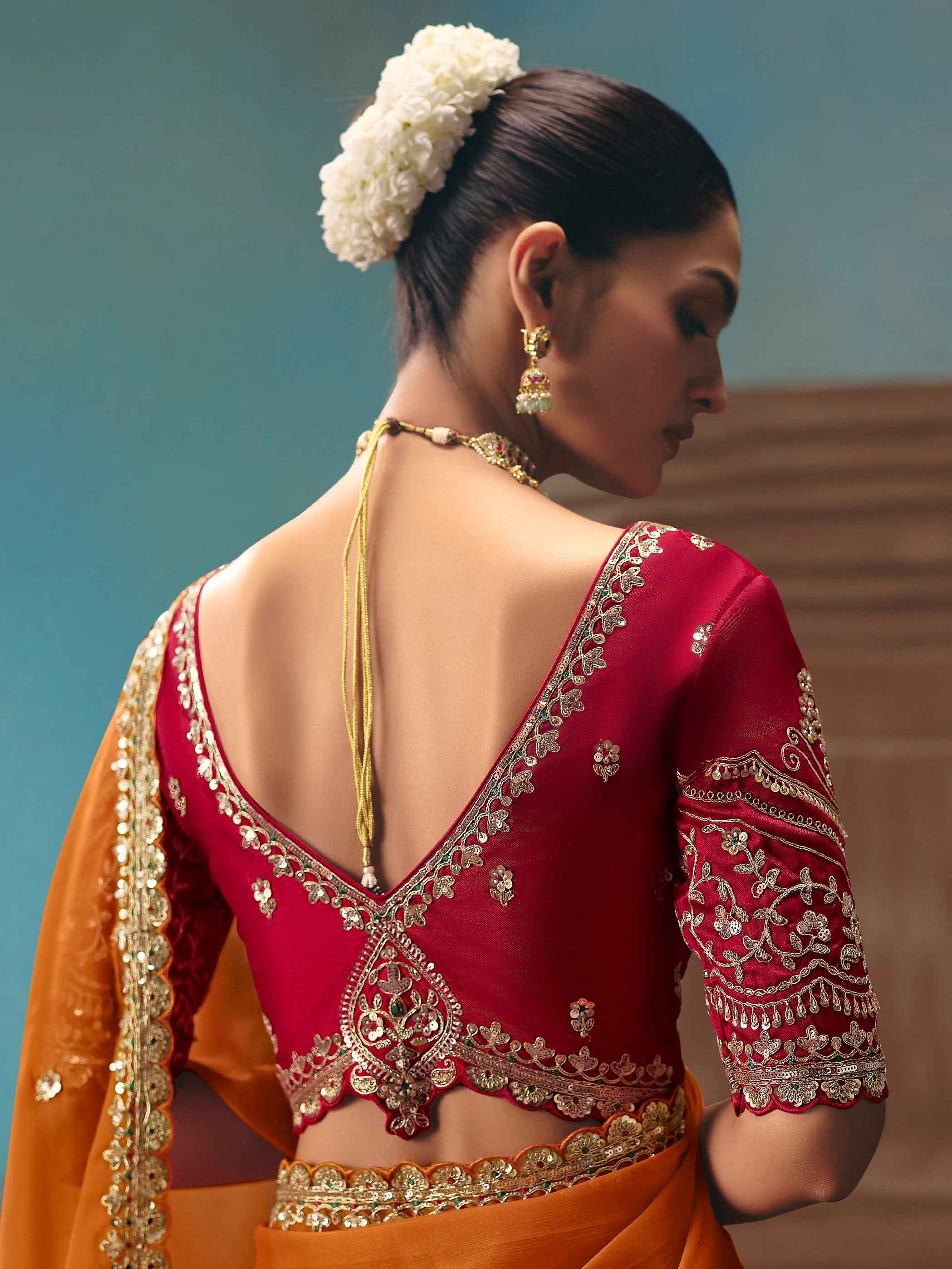 Burnt Orange Fancy Embroidered Saree with Sequins & Cutwork Border