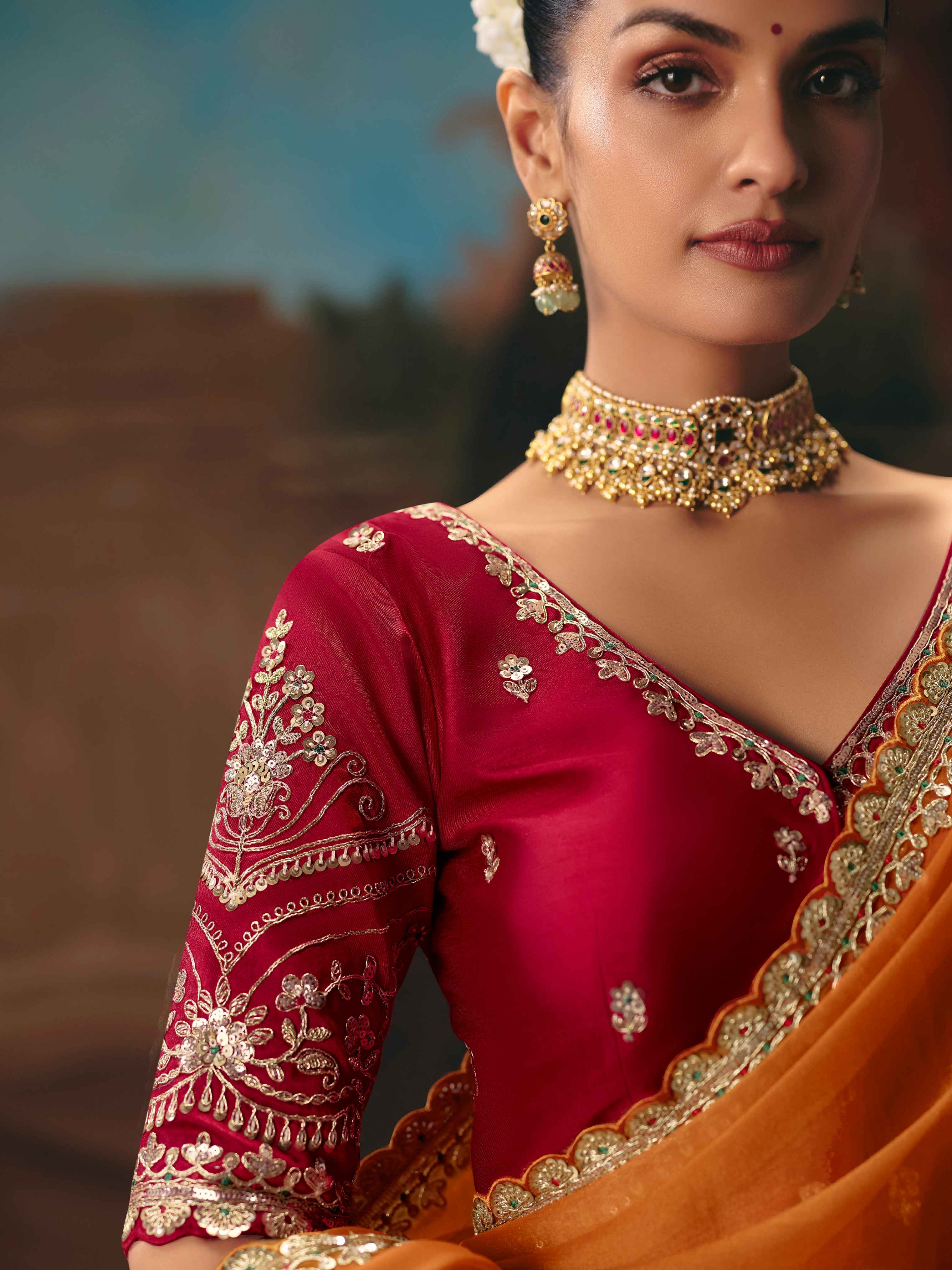 Burnt Orange Fancy Embroidered Saree with Sequins &amp; Cutwork Border