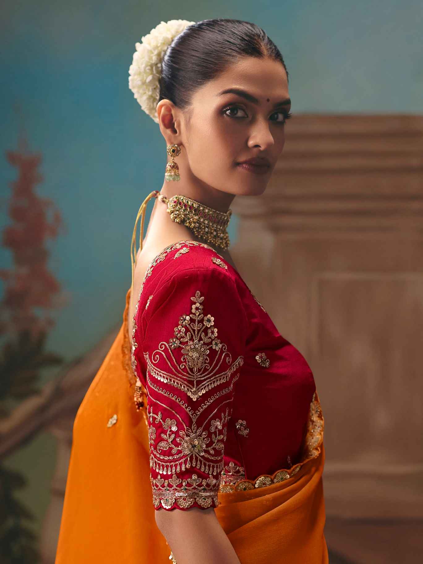 Burnt Orange Fancy Embroidered Saree with Sequins & Cutwork Border