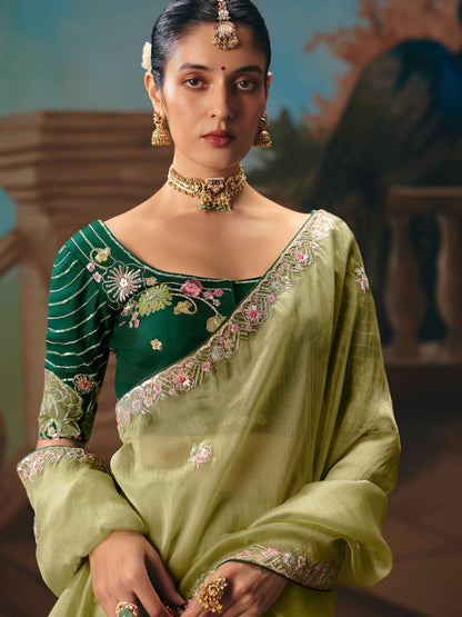 Pista Green Fancy Saree with Sequins Thread Butti &amp; Cutwork Border