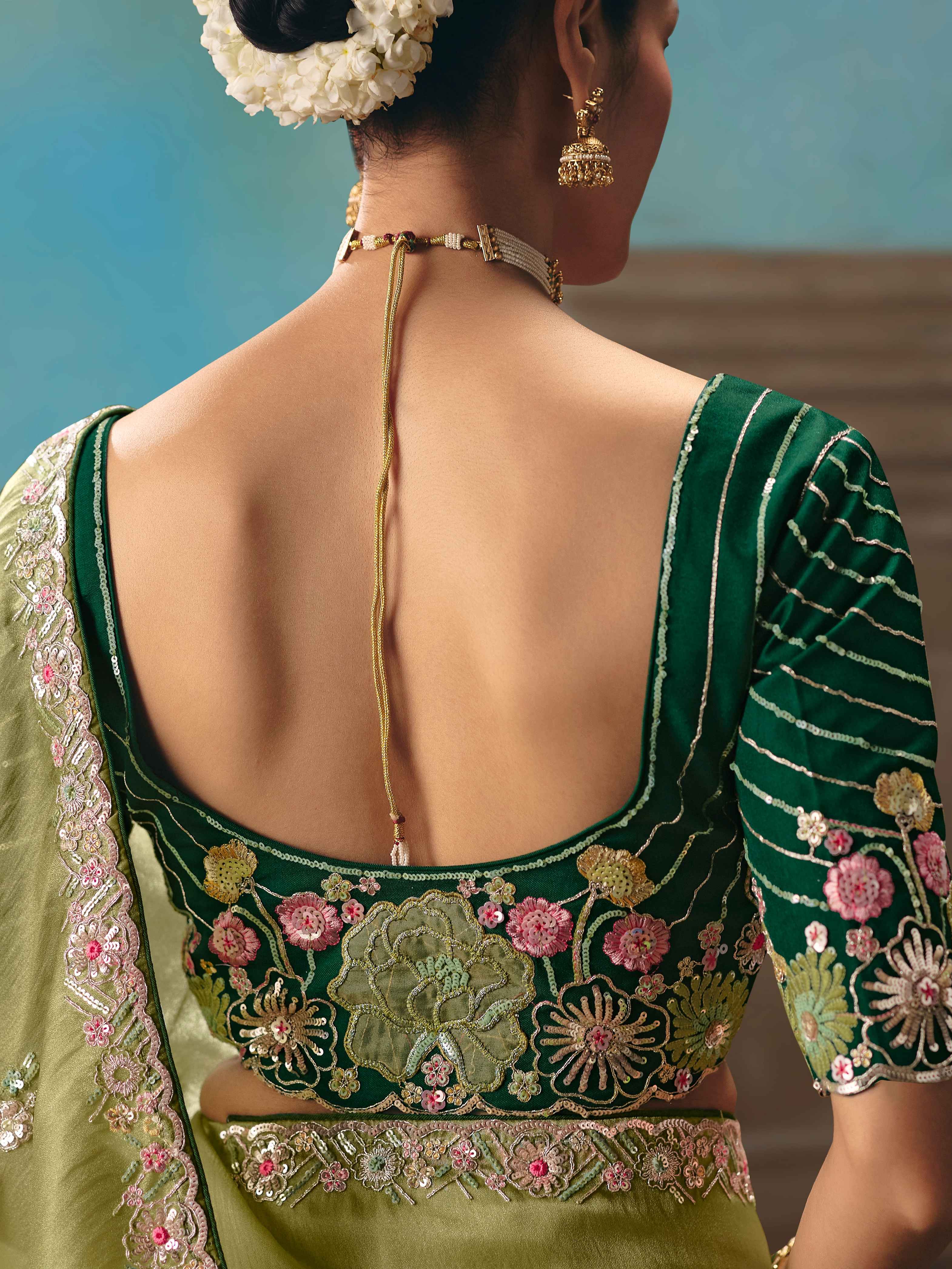 Pista Green Fancy Saree with Sequins Thread Butti & Cutwork Border