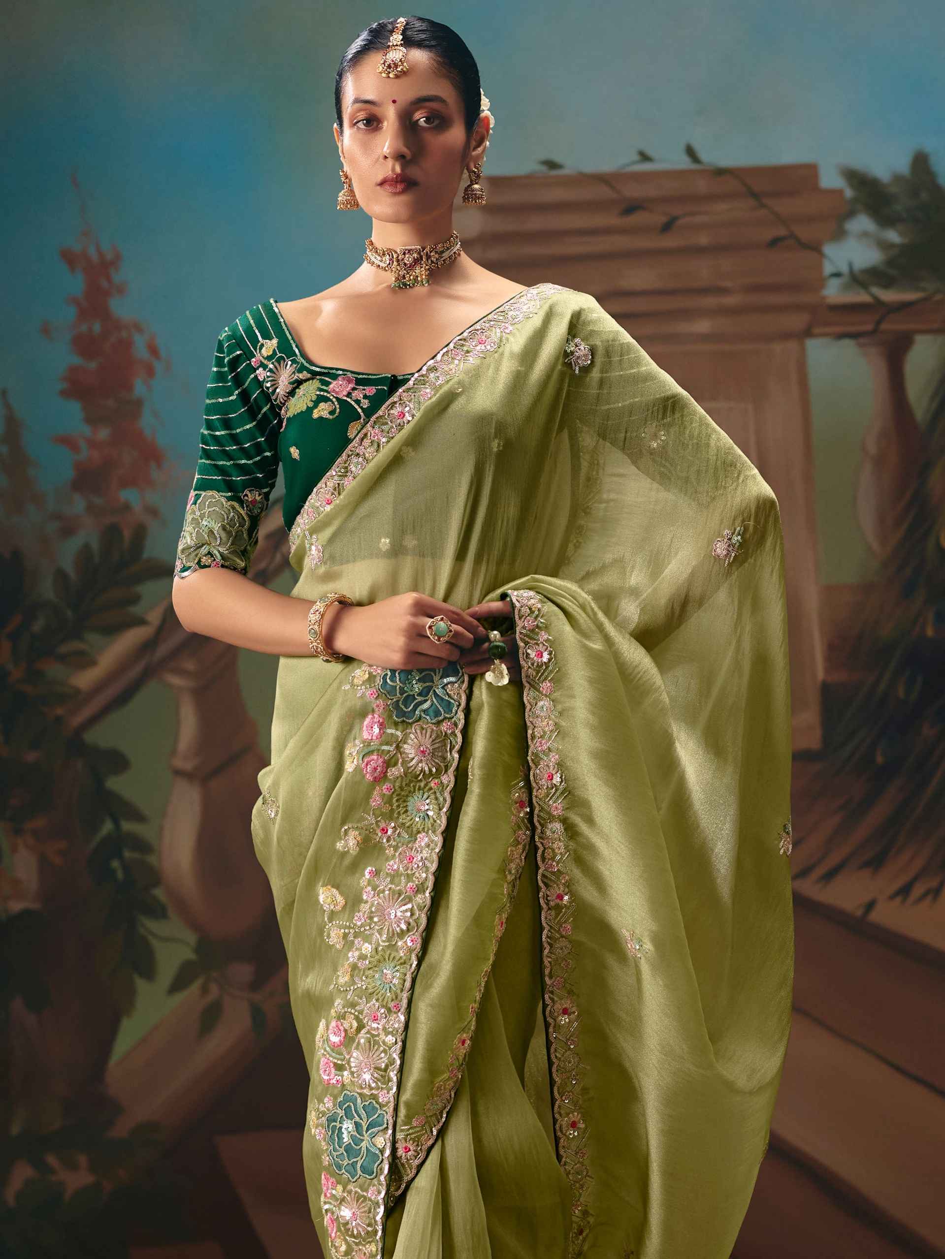 Pista Green Fancy Saree with Sequins Thread Butti & Cutwork Border
