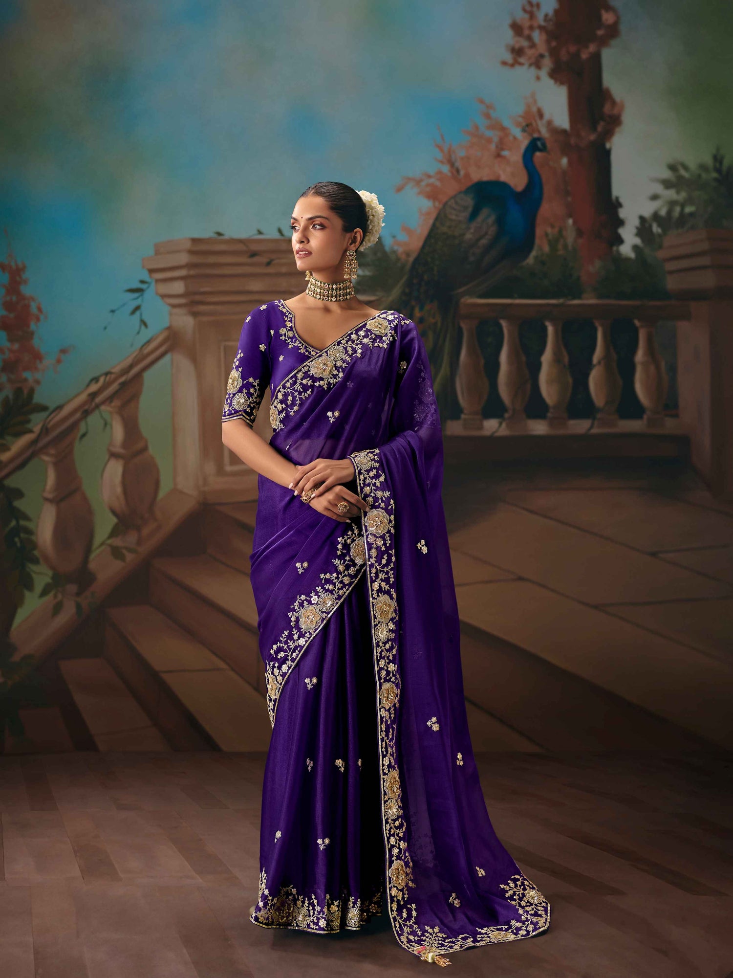 Royal Purple Fancy Saree with Sequins &amp; Thread Cutwork Border