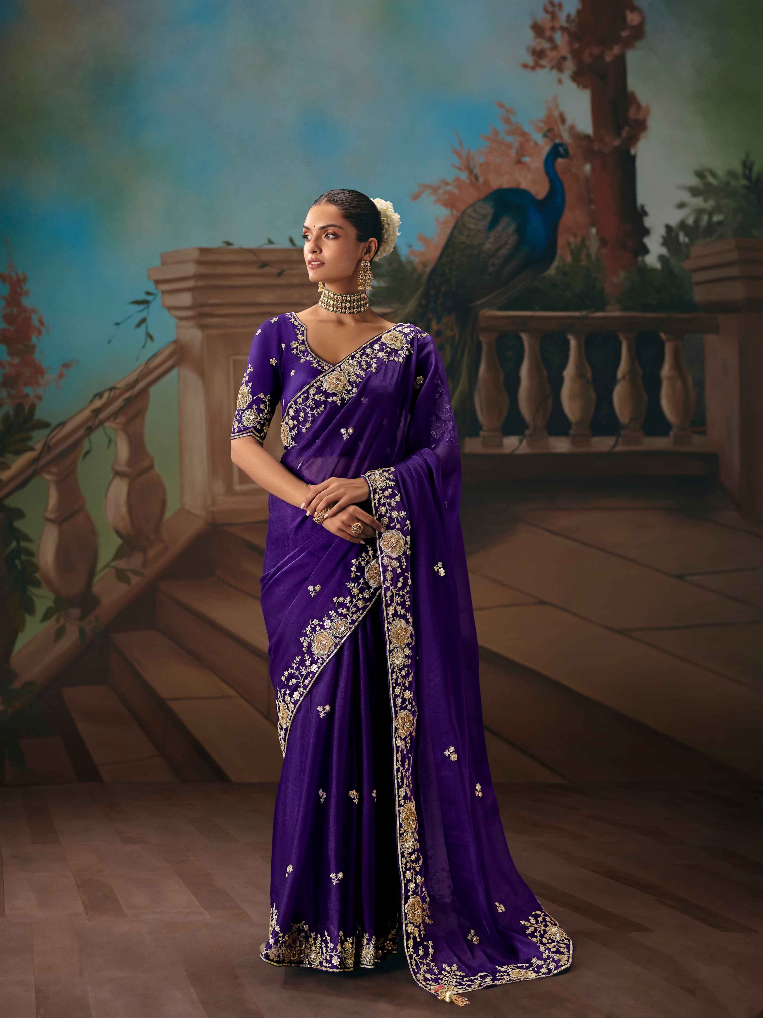 Royal Purple Fancy Saree with Sequins & Thread Cutwork Border