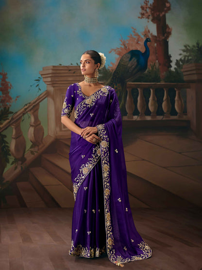 Royal Purple Fancy Saree with Sequins &amp; Thread Cutwork Border