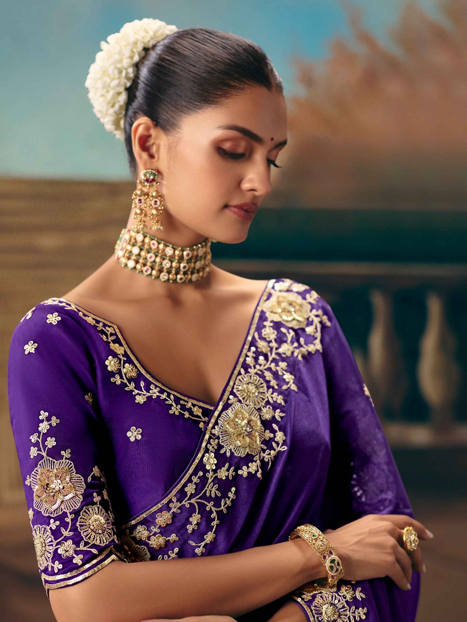 Royal Purple Fancy Saree with Sequins &amp; Thread Cutwork Border