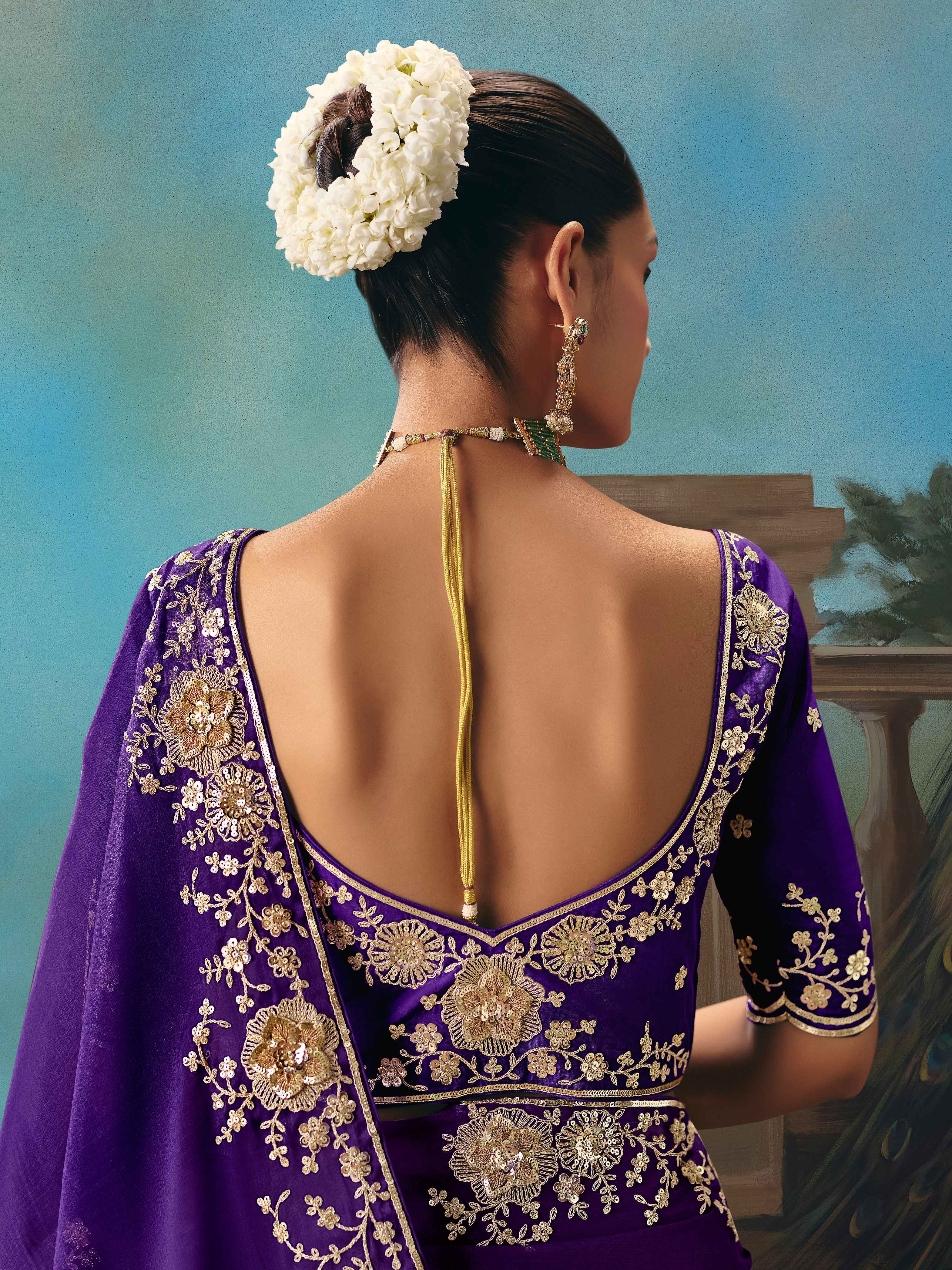 Royal Purple Fancy Saree with Sequins &amp; Thread Cutwork Border
