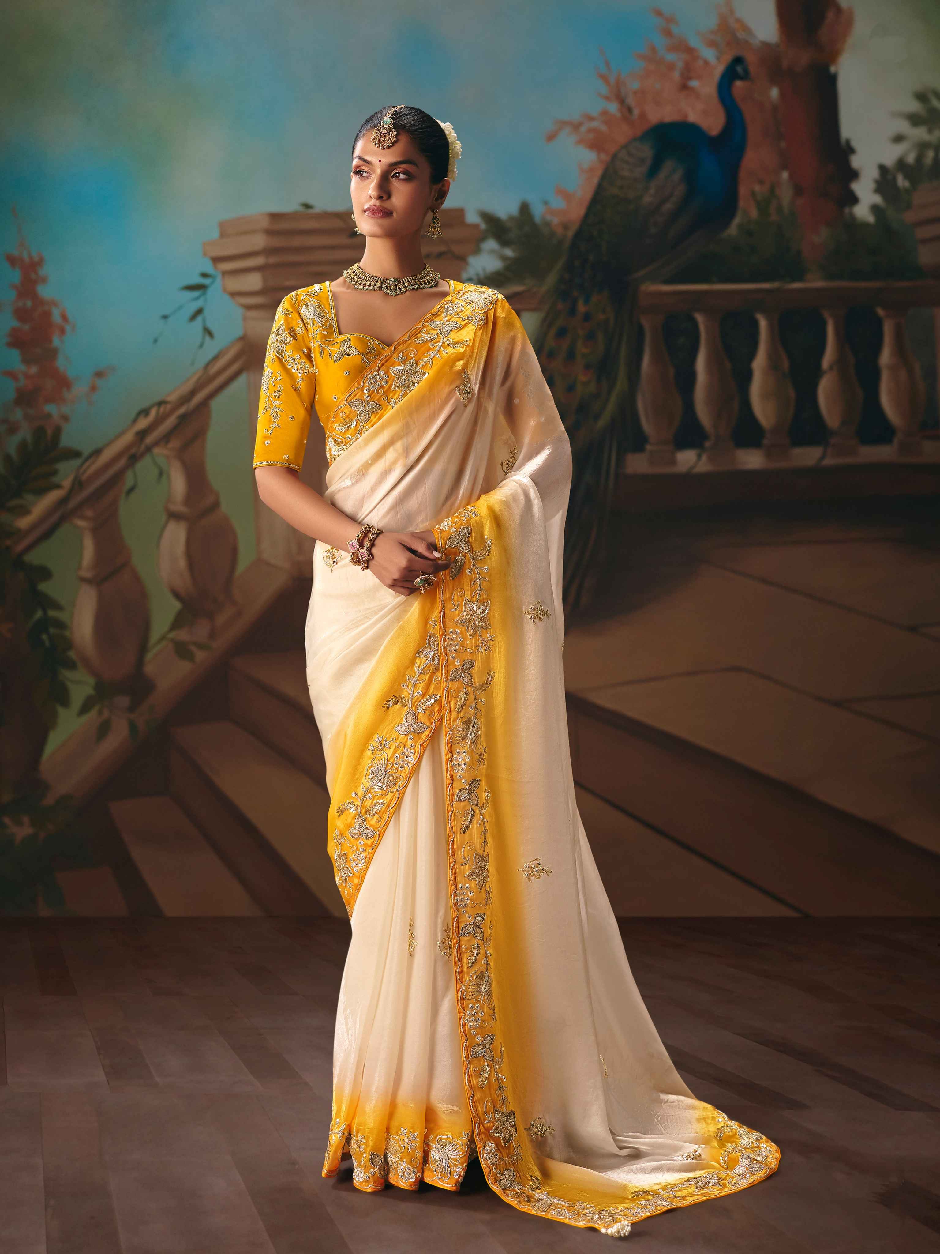 Ivory Yellow Fancy Saree with Sequins Butti &amp; Cutwork Border