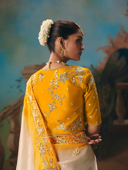 Ivory Yellow Fancy Saree with Sequins Butti &amp; Cutwork Border