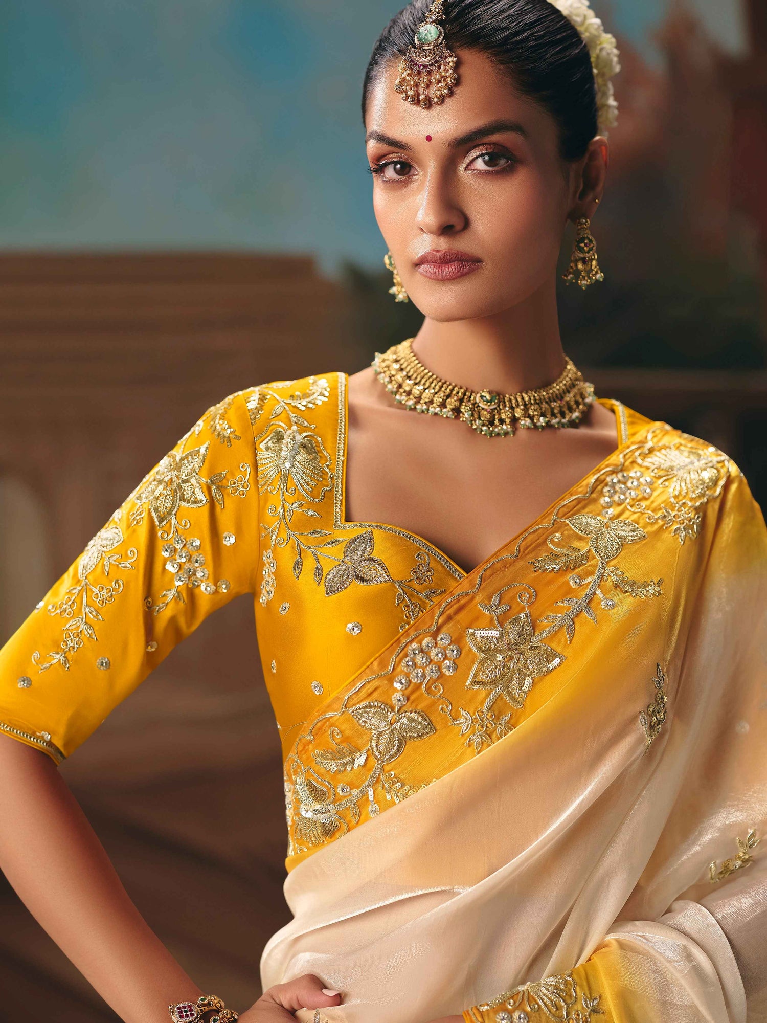 Ivory Yellow Fancy Saree with Sequins Butti &amp; Cutwork Border