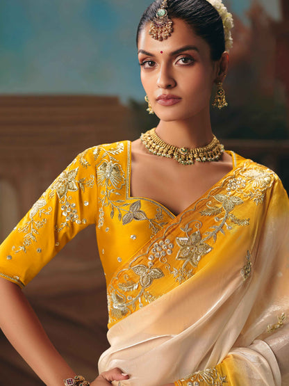 Ivory Yellow Fancy Saree with Sequins Butti &amp; Cutwork Border