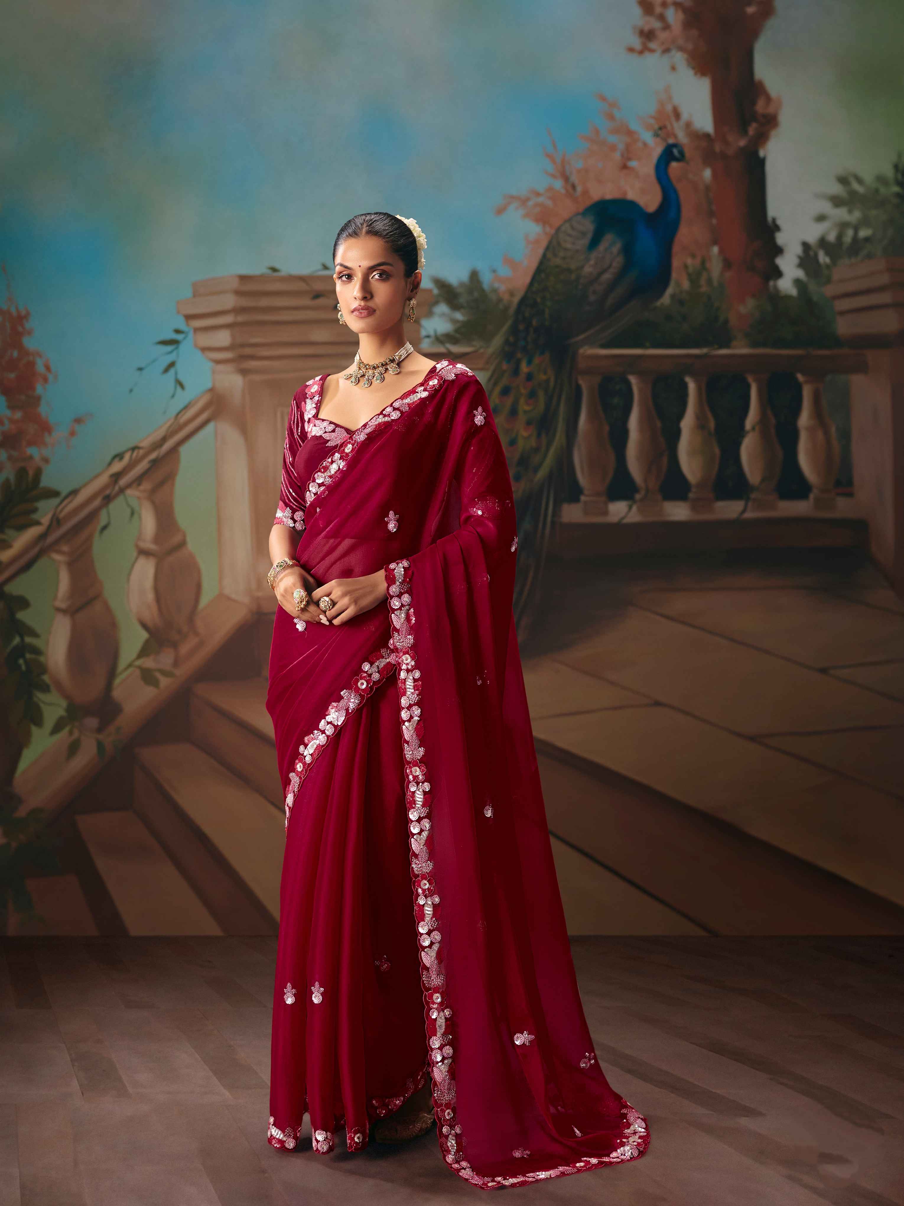 Wine Red Fancy Saree with Sequins & Thread Embroidery