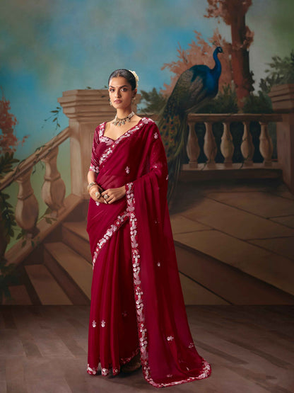 Wine Red Fancy Saree with Sequins &amp; Thread Embroidery