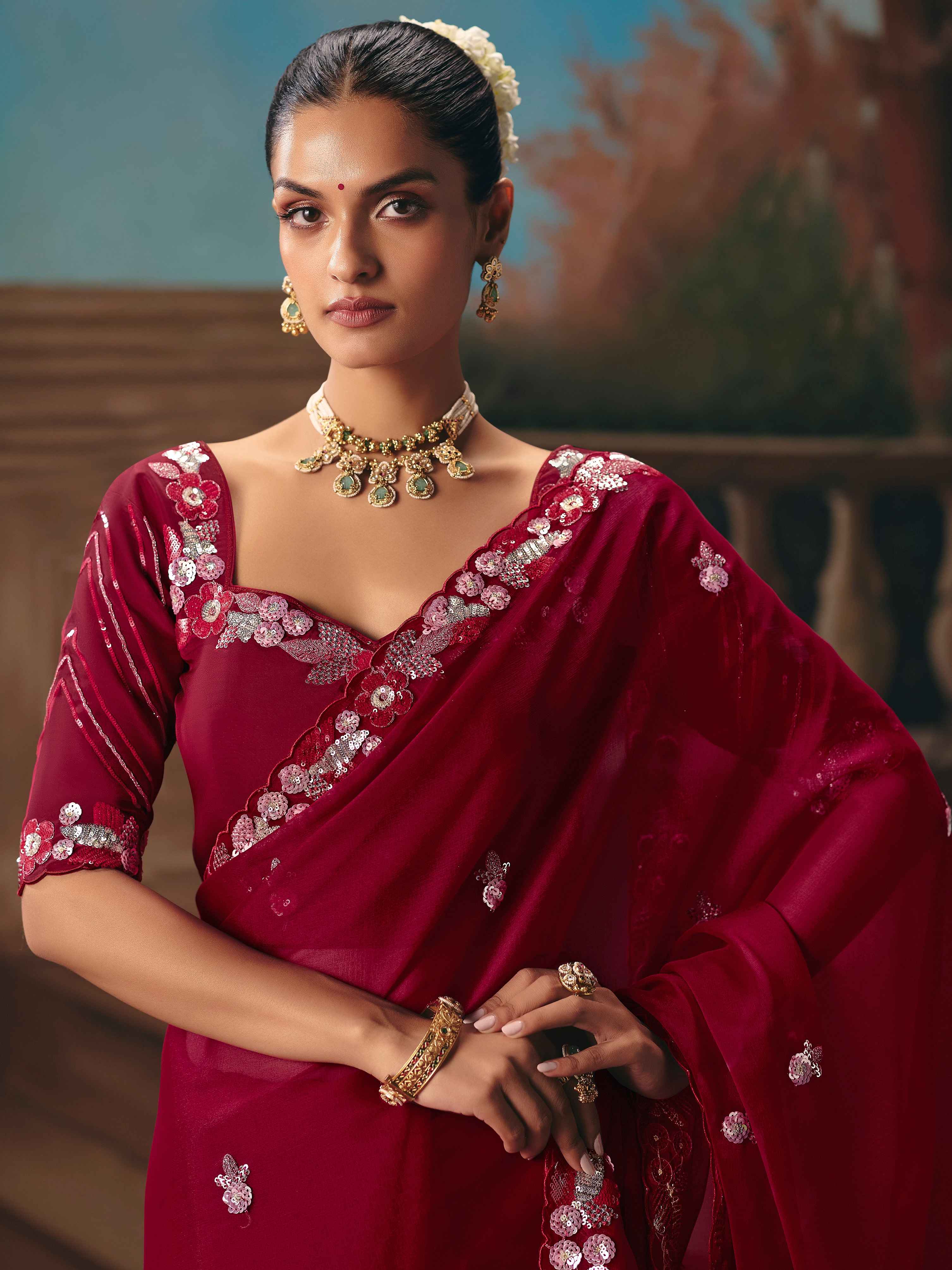 Wine Red Fancy Saree with Sequins & Thread Embroidery