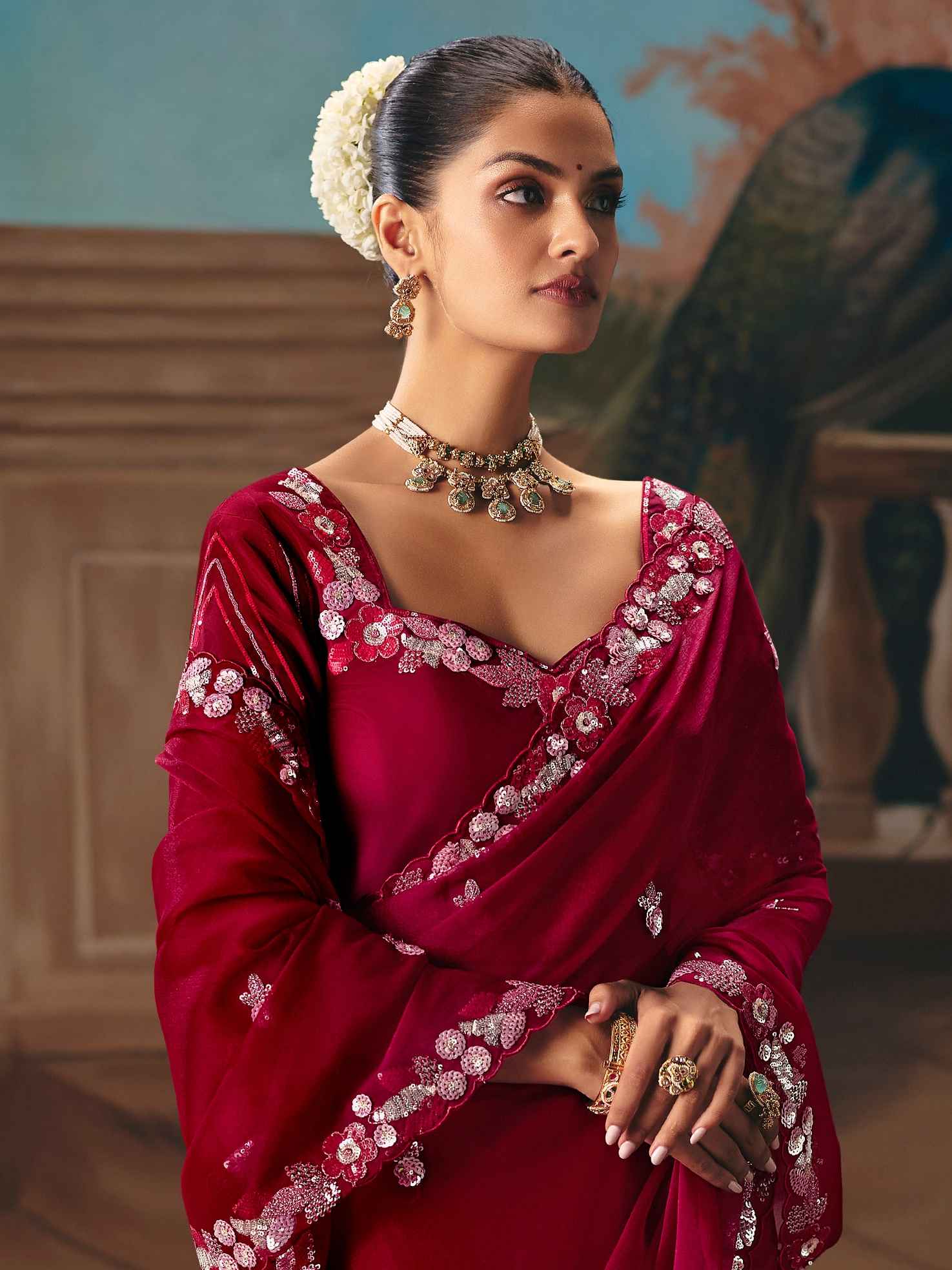 Wine Red Fancy Saree with Sequins &amp; Thread Embroidery
