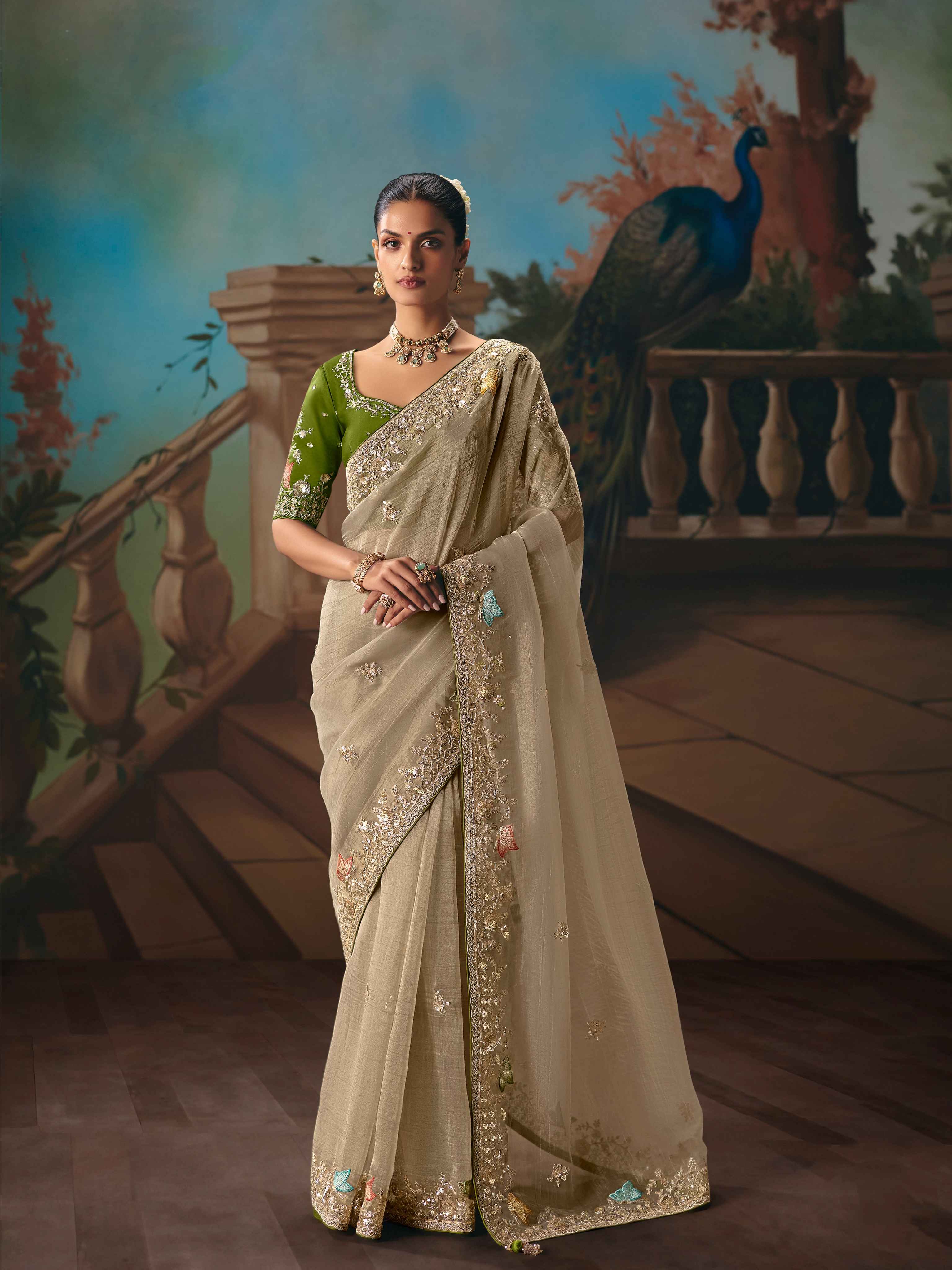 Beige Gold Fancy Saree with Sequins Thread Butti
