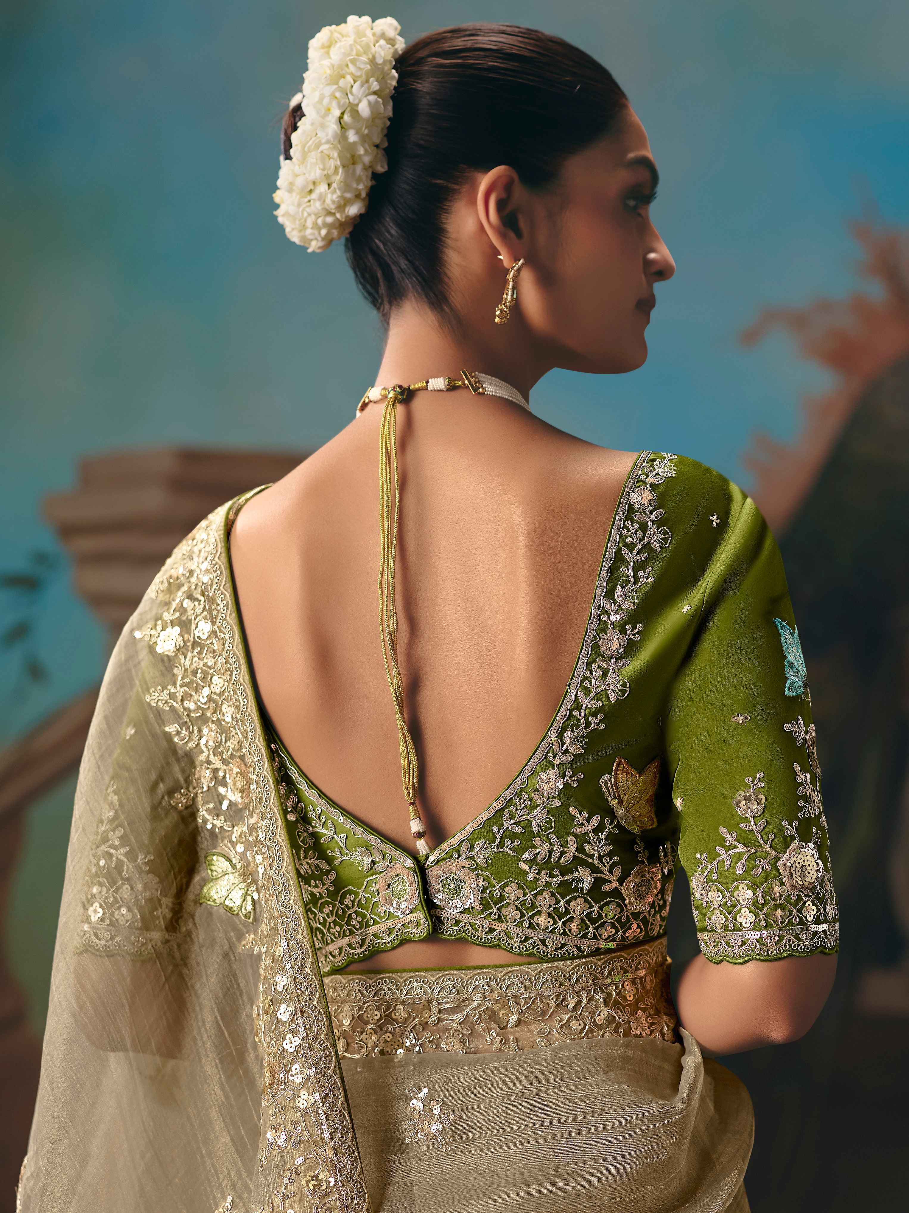 Beige Gold Fancy Saree with Sequins Thread Butti