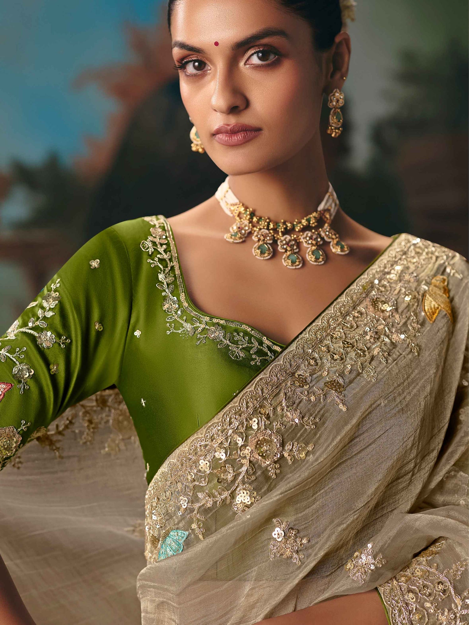 Beige Gold Fancy Saree with Sequins Thread Butti