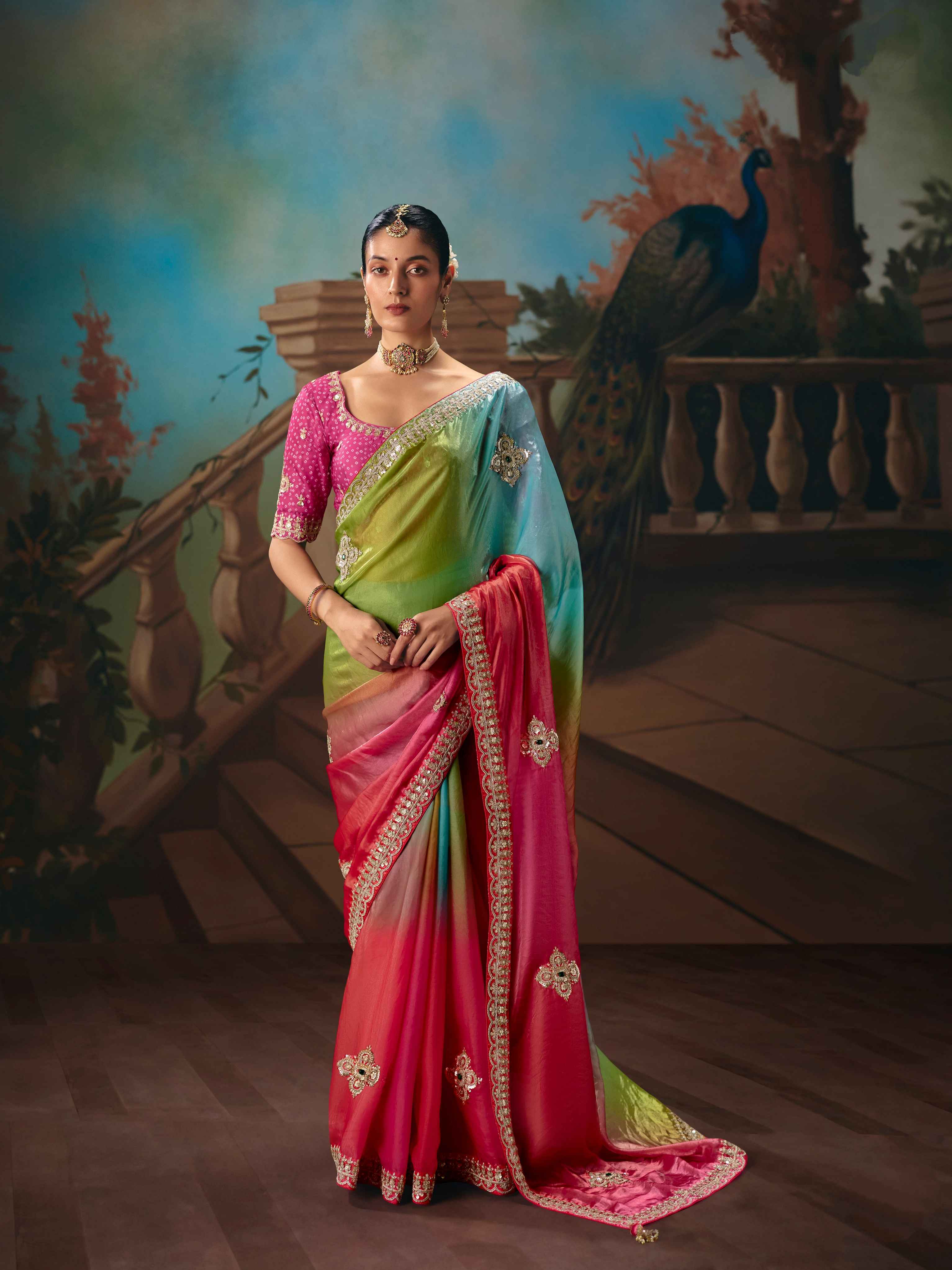 Multicolor Pink Green Fancy Saree with Cutwork Border