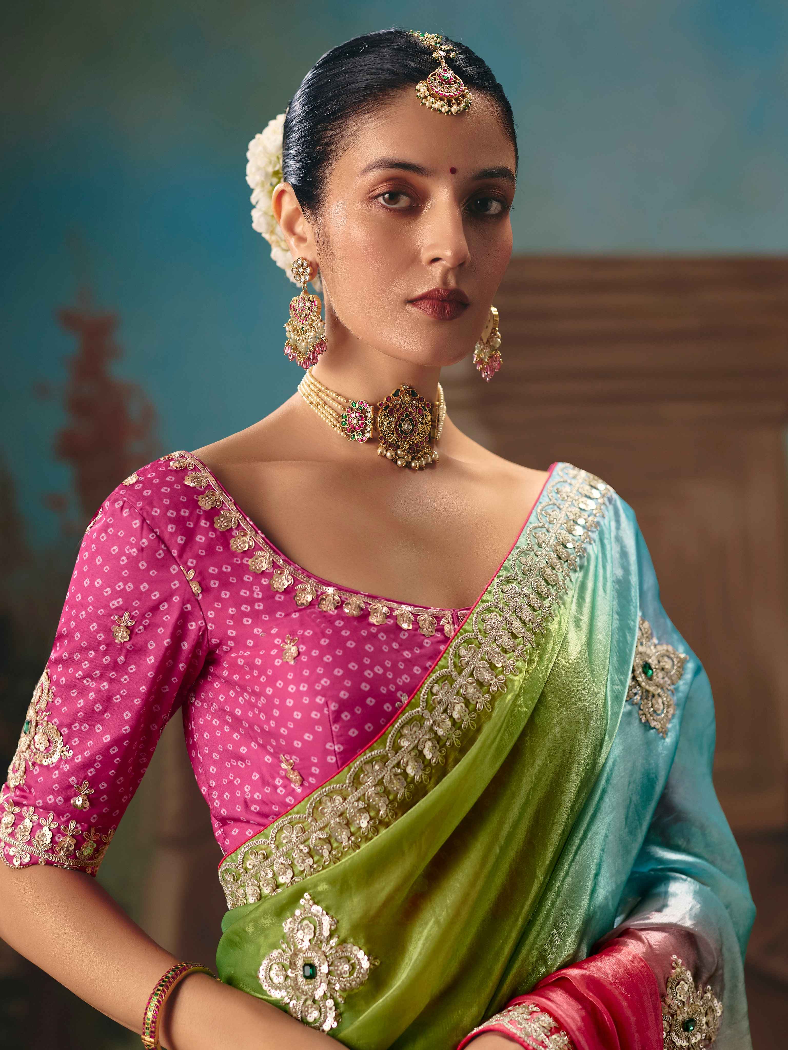 Multicolor Pink Green Fancy Saree with Cutwork Border