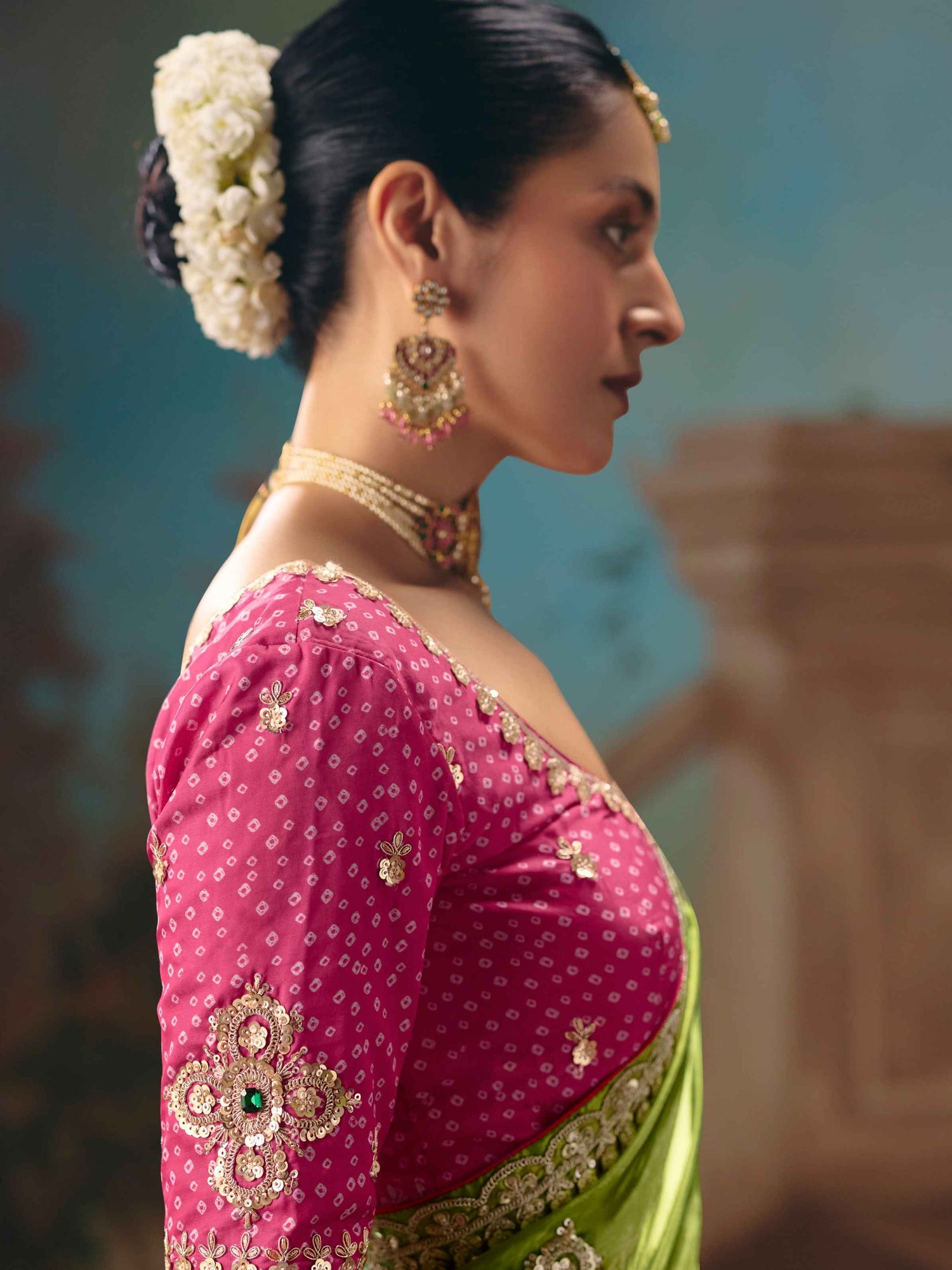 Multicolor Pink Green Fancy Saree with Cutwork Border