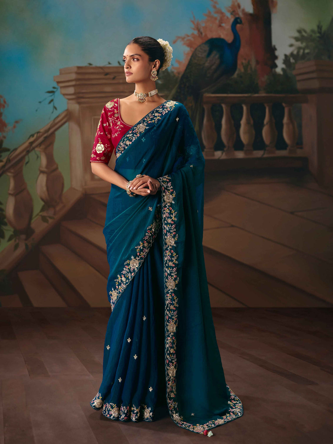 Teal Blue Fancy Saree with Sequins &amp; Thread Work