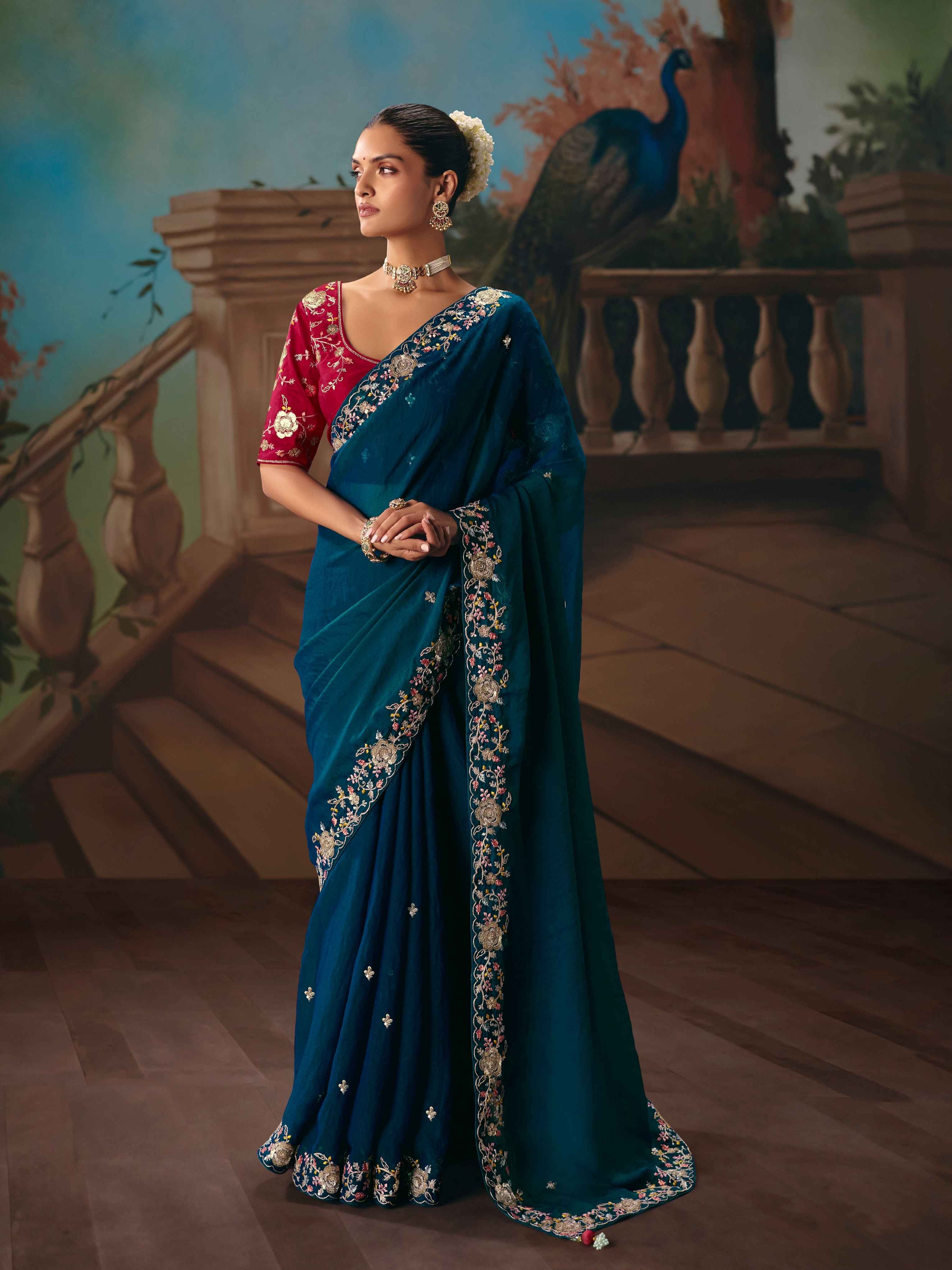 Teal Blue Fancy Saree with Sequins & Thread Work
