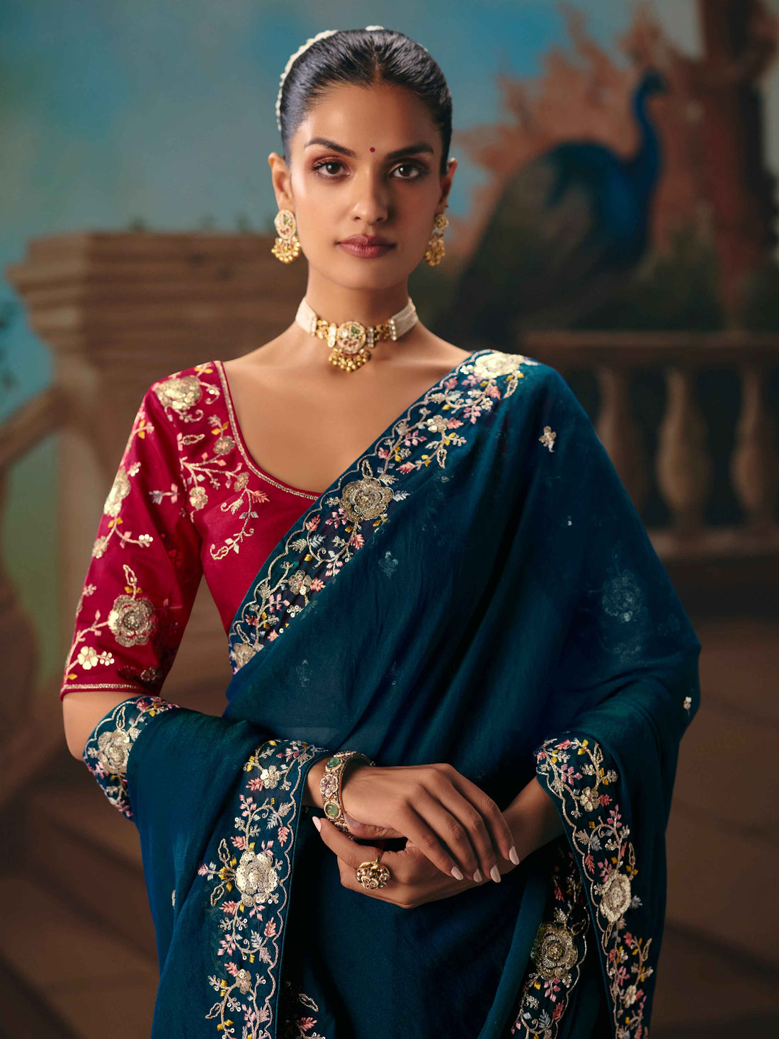 Teal Blue Fancy Saree with Sequins &amp; Thread Work