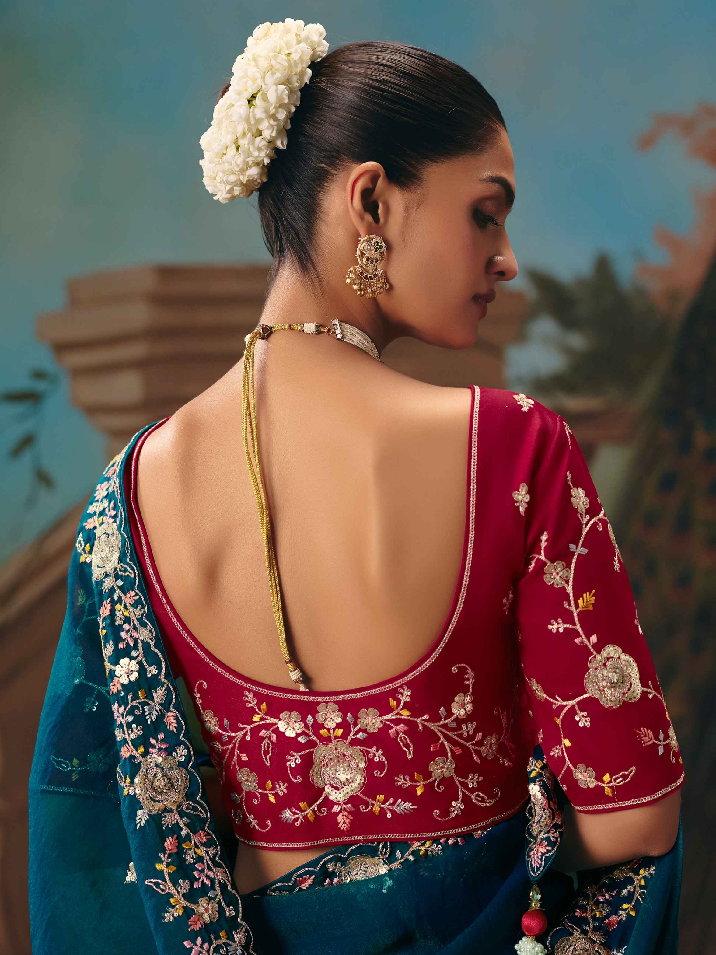 Teal Blue Fancy Saree with Sequins &amp; Thread Work