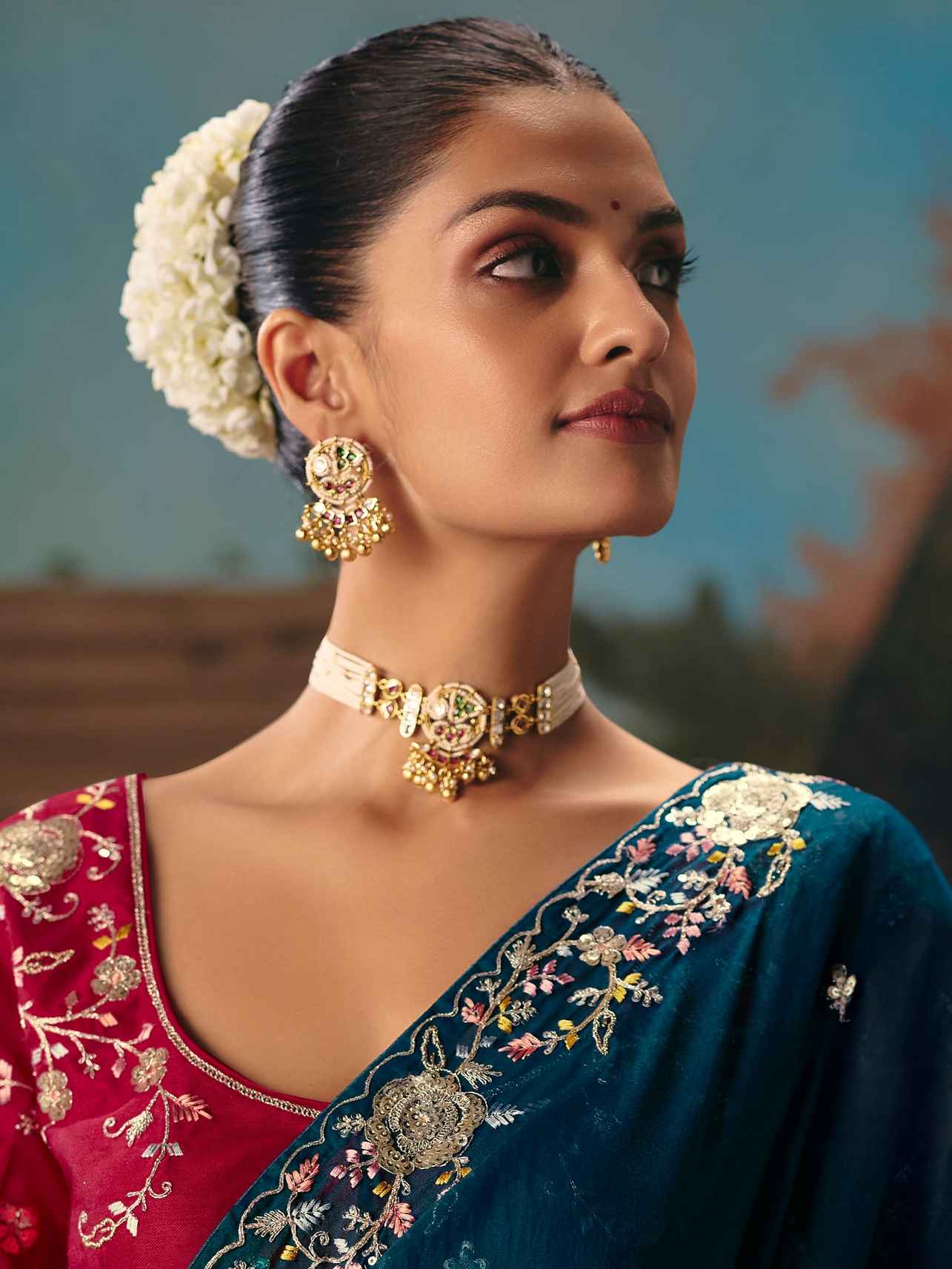 Teal Blue Fancy Saree with Sequins & Thread Work