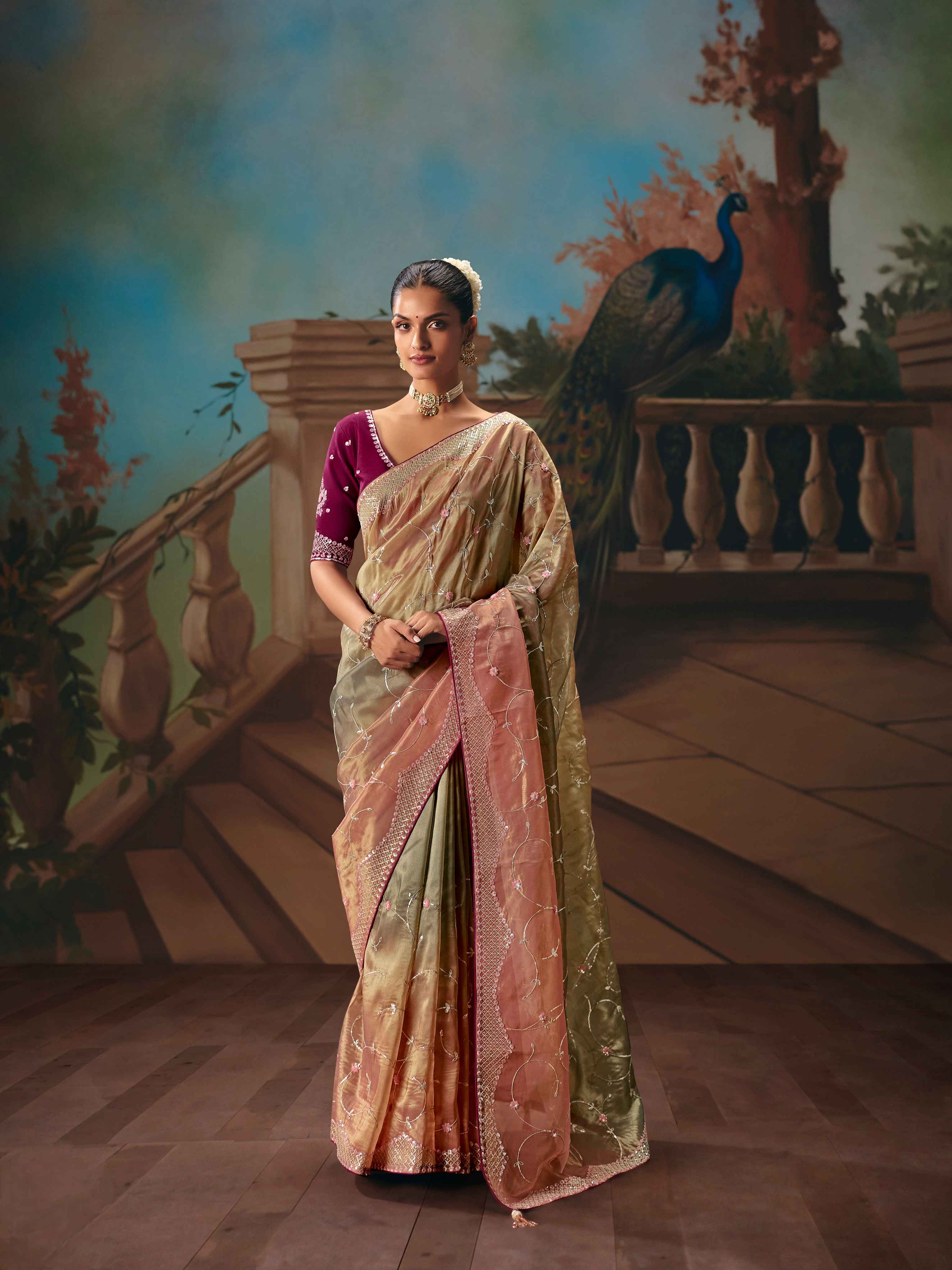 Pastel Peach Olive Fancy Saree with Embroidered Butti