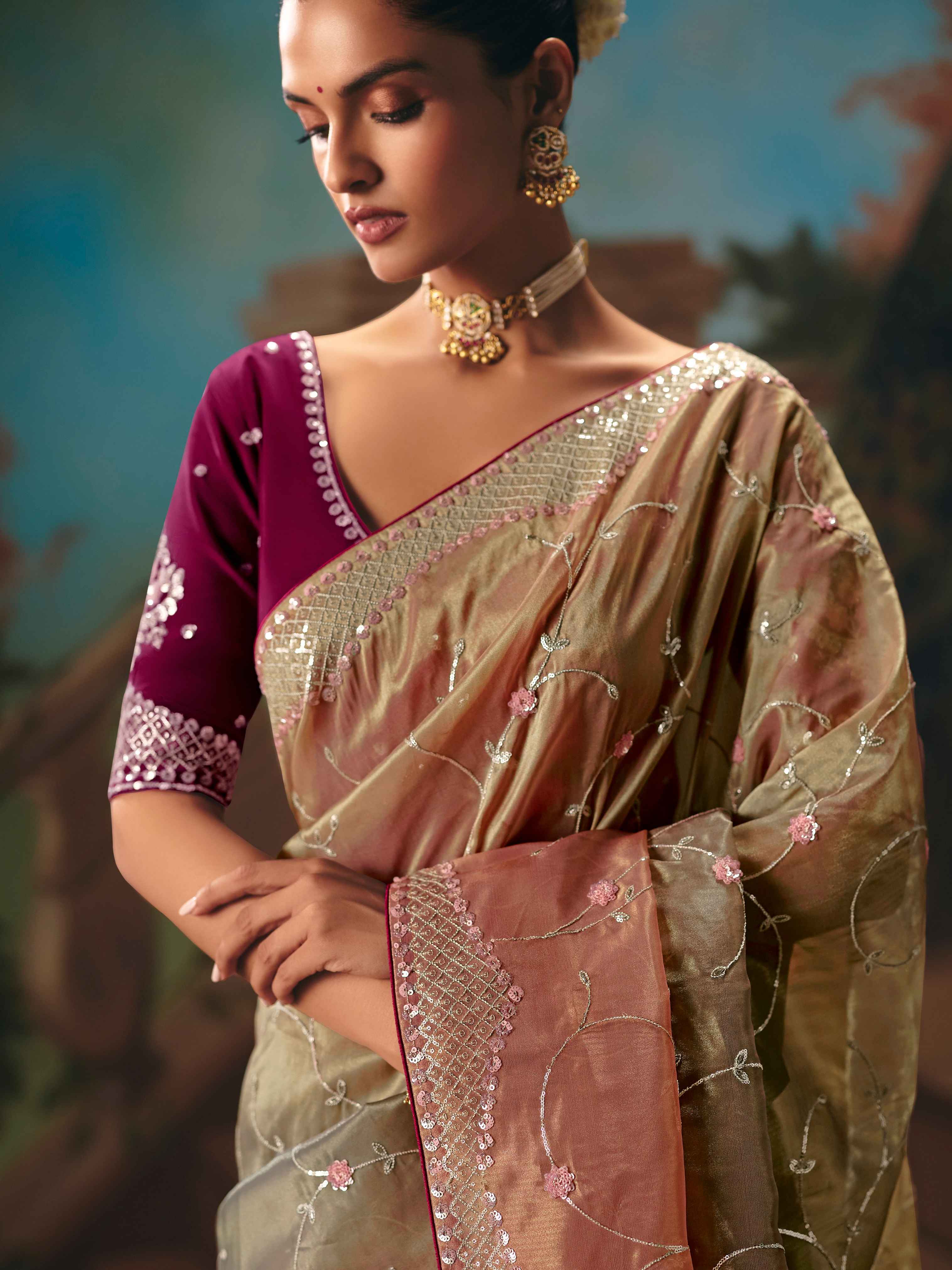 Pastel Peach Olive Fancy Saree with Embroidered Butti