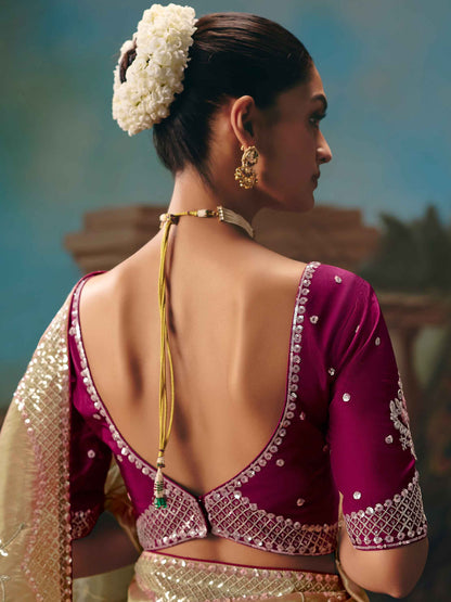 Pastel Peach Olive Fancy Saree with Embroidered Butti