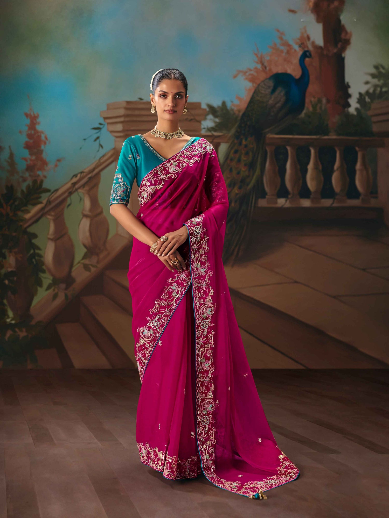 Hot Pink Fancy Saree with Sequins Thread Embroidery