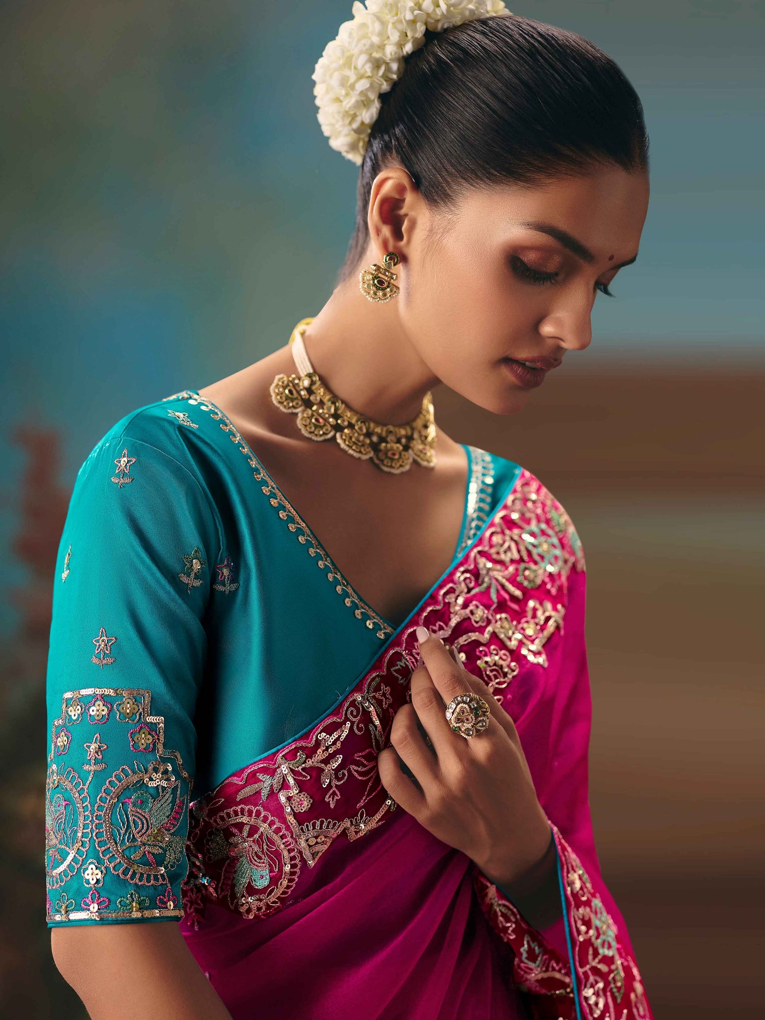 Hot Pink Fancy Saree with Sequins Thread Embroidery